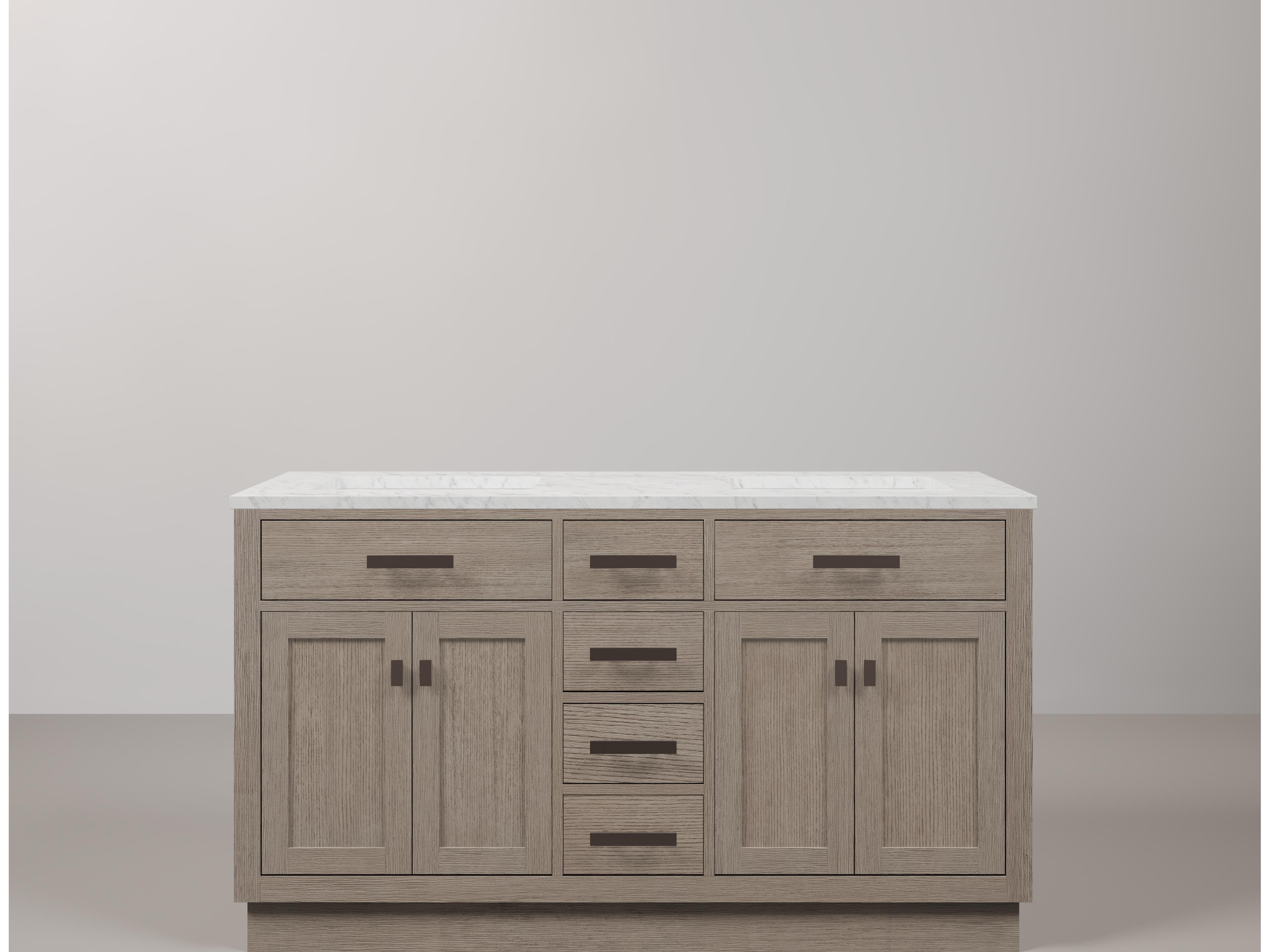 Water Creation Chestnut Double Sink Carrara White Marble Countertop Bath Vanity In Grey Oak with Oil Rubbed Bronze Hardware