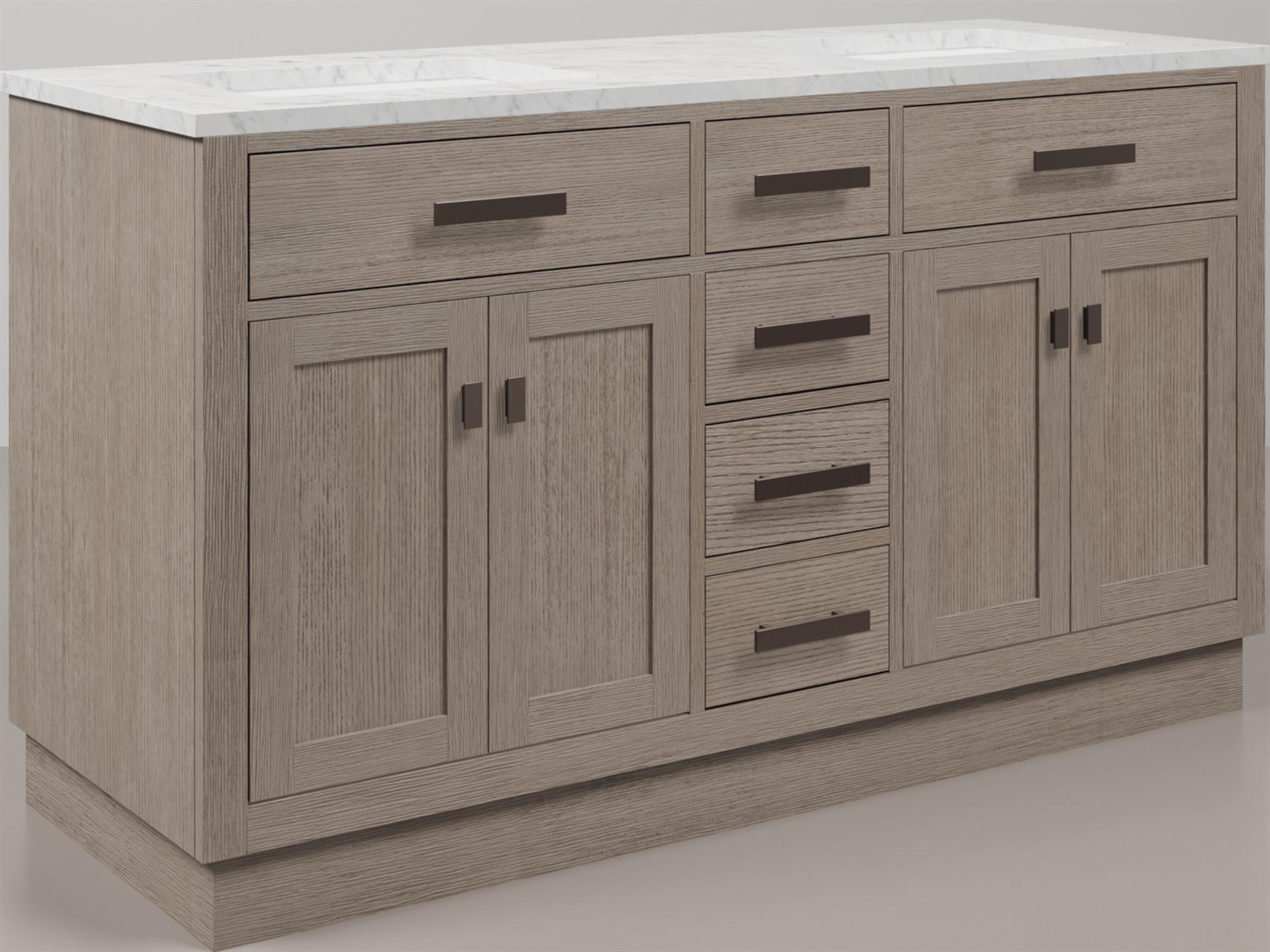 Chestnut Double Sink Carrara White Marble Countertop Bath Vanity In Grey Oak with Oil Rubbed Bronze Hardware