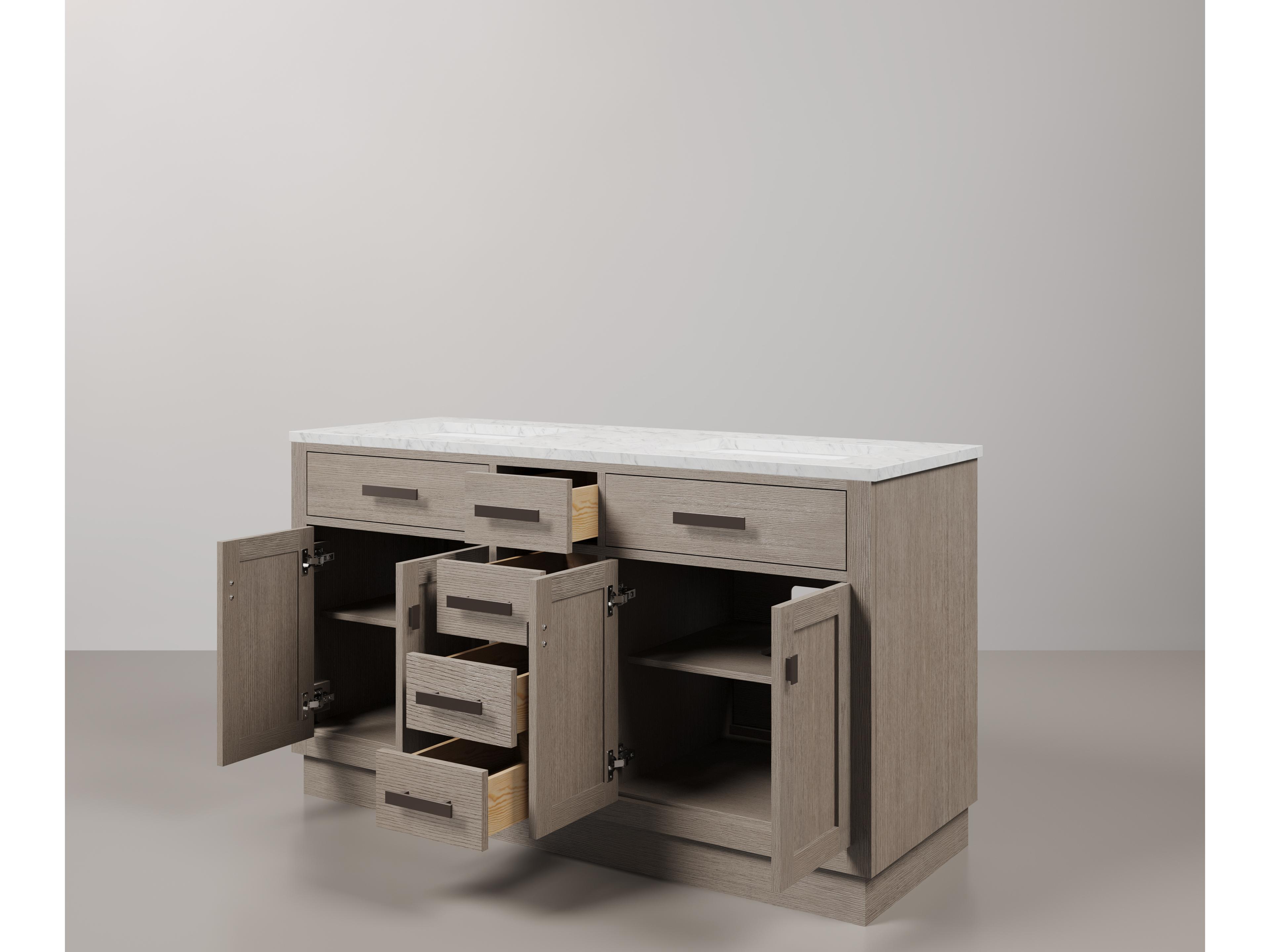 Water Creation Chestnut Double Sink Carrara White Marble Countertop Bath Vanity In Grey Oak with Oil Rubbed Bronze Hardware