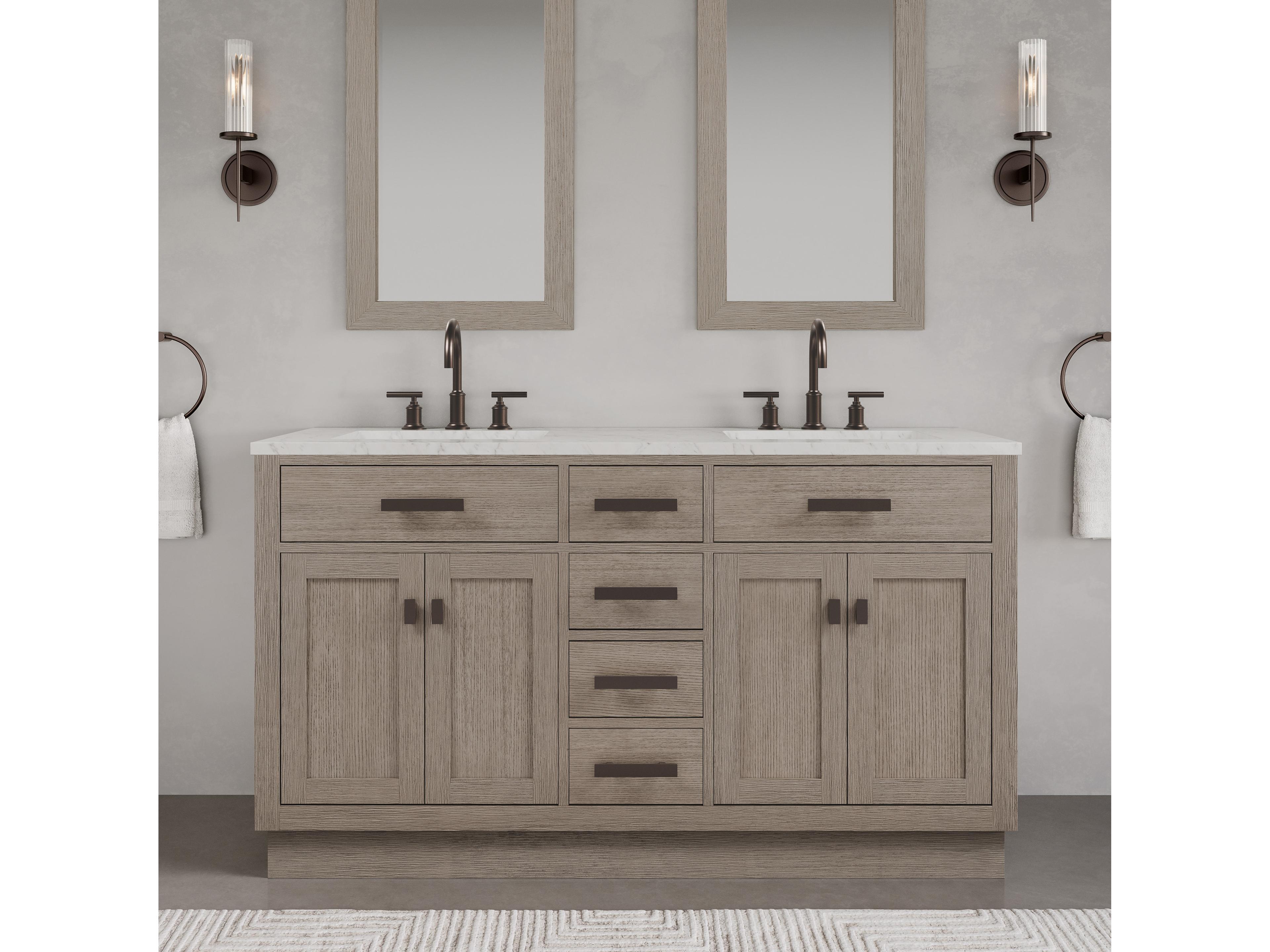 Water Creation Chestnut Double Sink Carrara White Marble Countertop Bath Vanity In Grey Oak with Oil Rubbed Bronze Hardware and Gooseneck Faucet