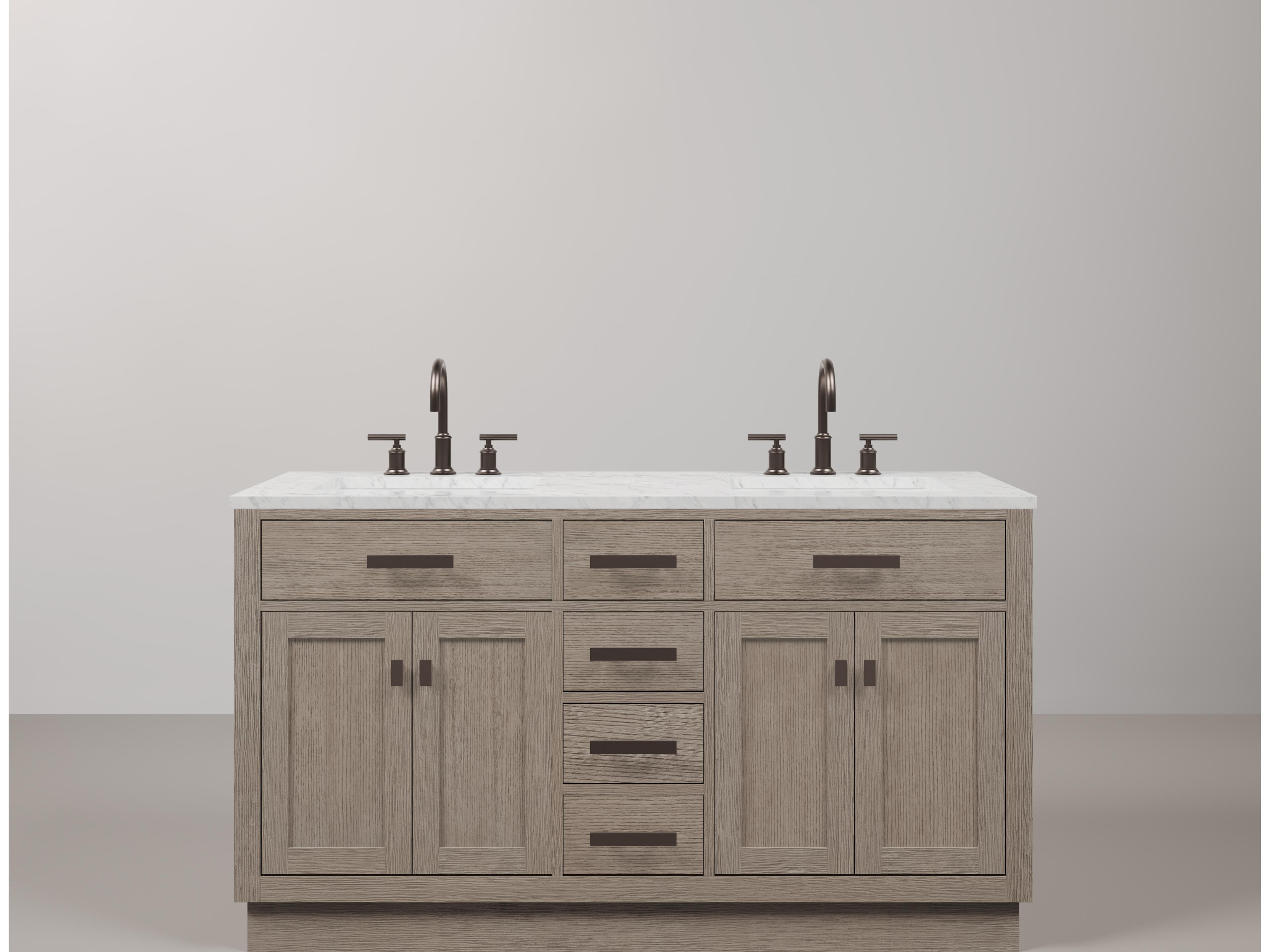 Water Creation Chestnut Double Sink Carrara White Marble Countertop Bath Vanity In Grey Oak with Oil Rubbed Bronze Hardware and Gooseneck Faucet