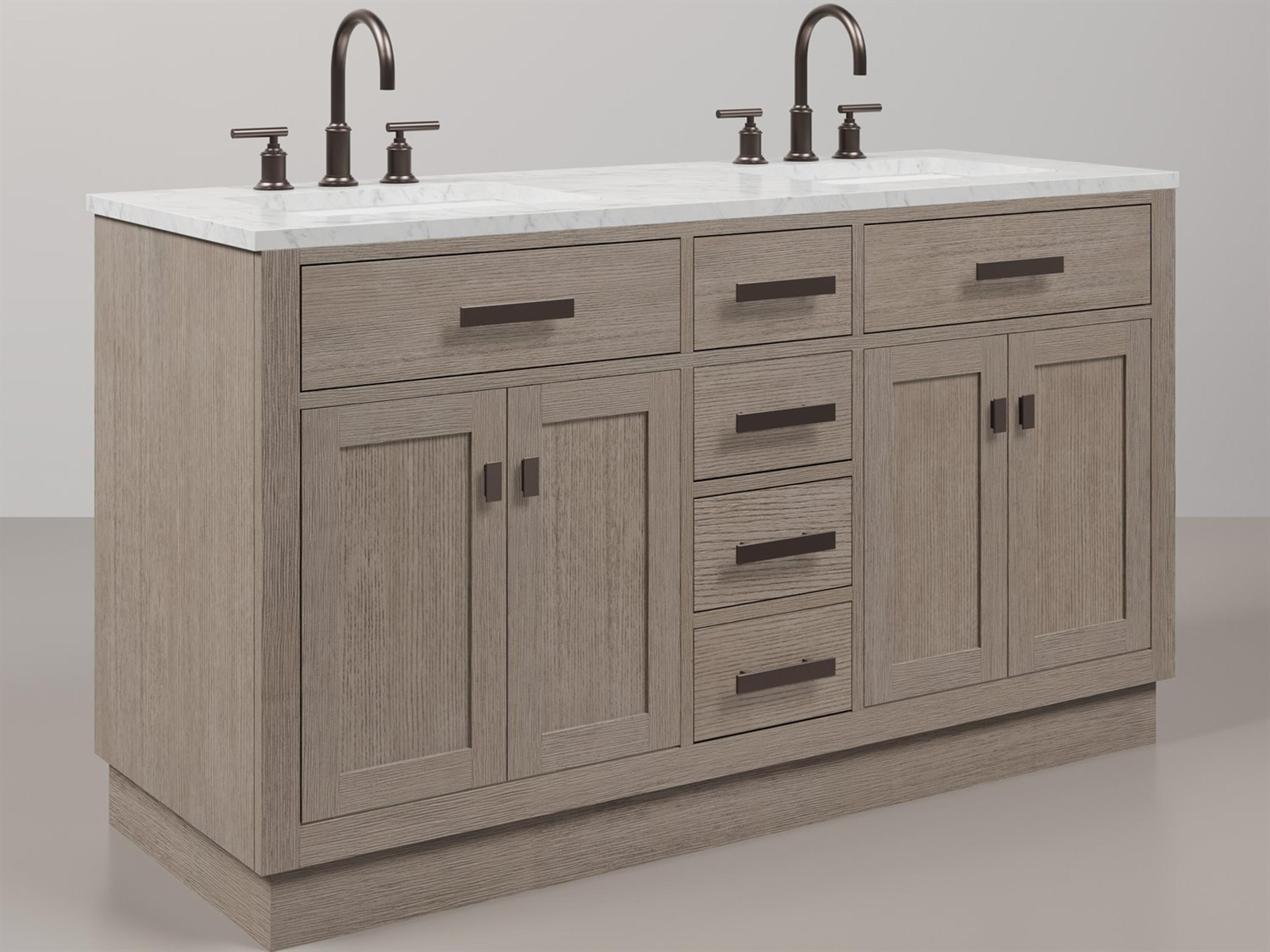 Chestnut Double Sink Carrara White Marble Countertop Bath Vanity In Grey Oak with Oil Rubbed Bronze Hardware and Gooseneck Faucet