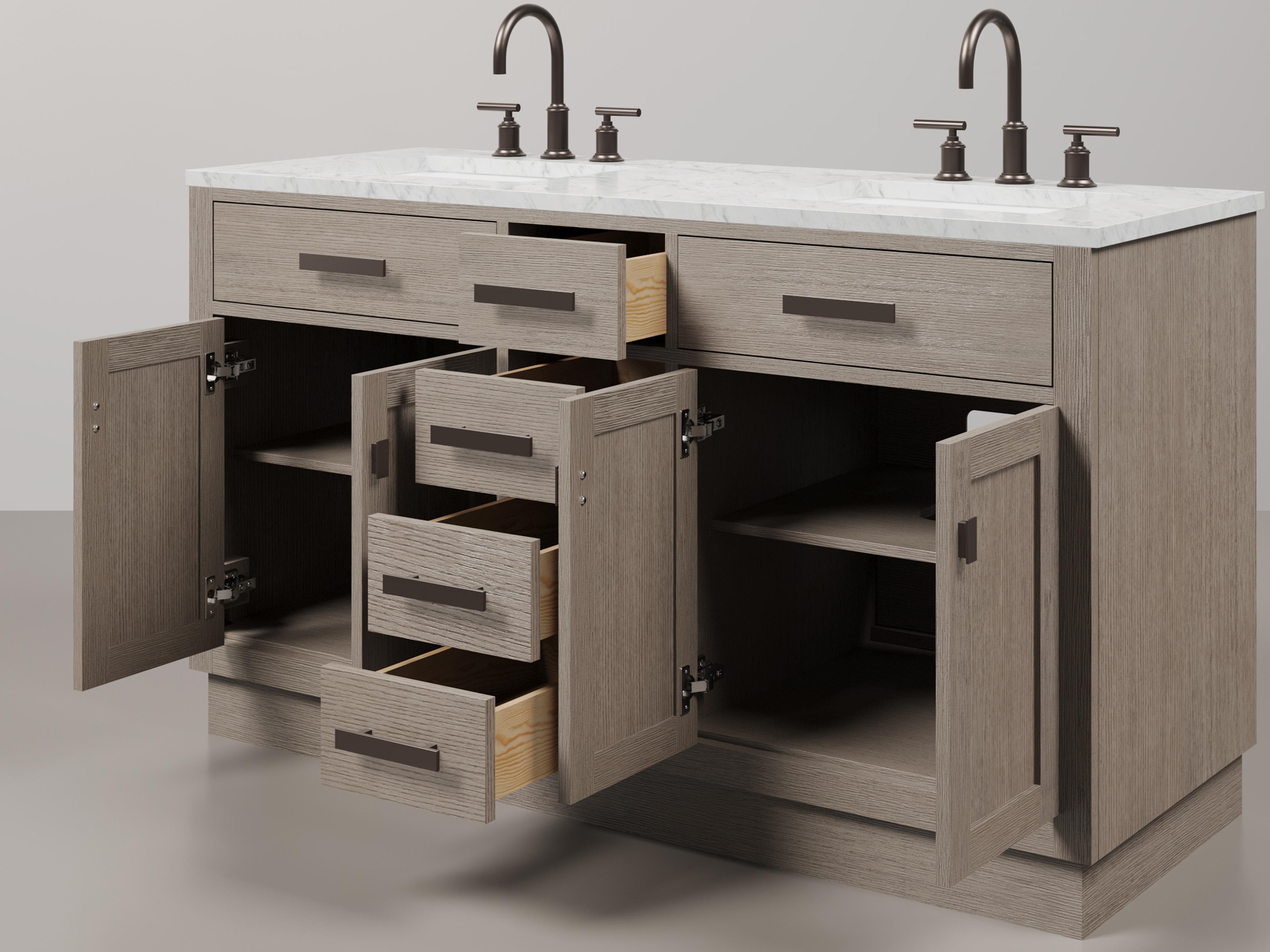 Water Creation Chestnut Double Sink Carrara White Marble Countertop Bath Vanity In Grey Oak with Oil Rubbed Bronze Hardware and Gooseneck Faucet