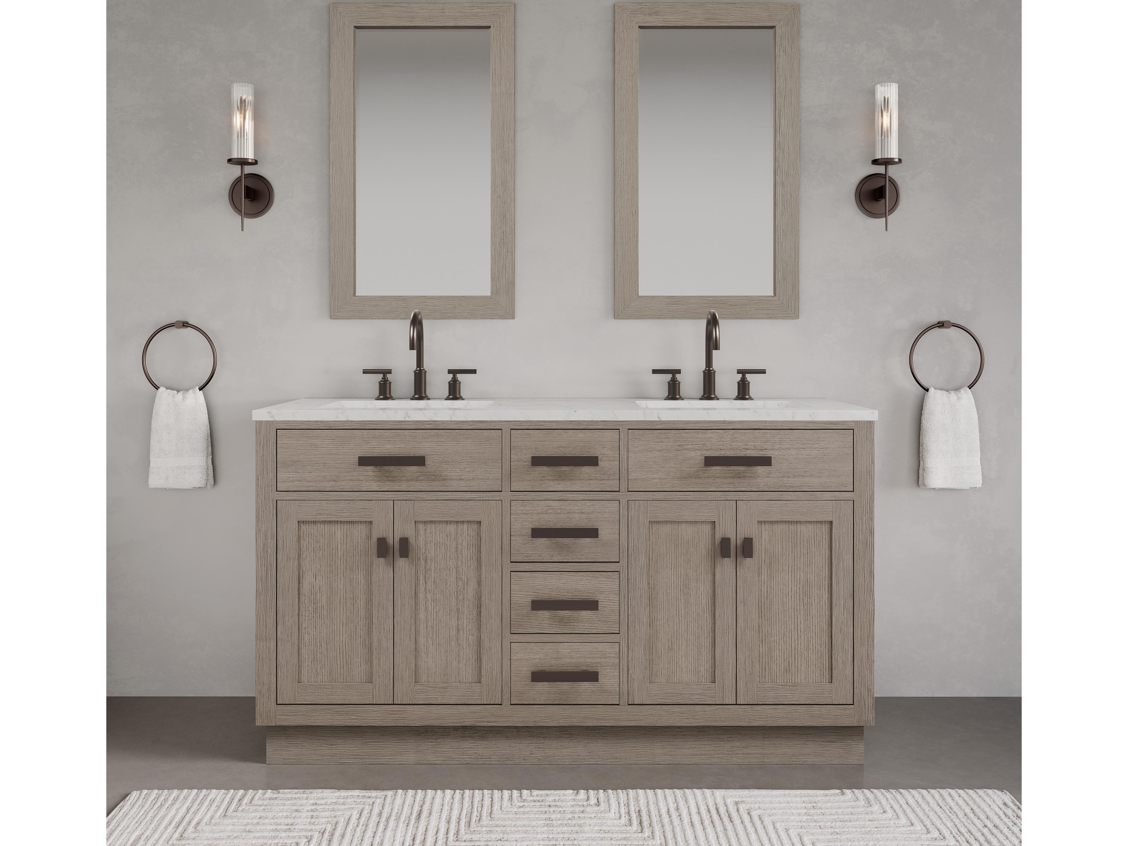 Water Creation Chestnut Double Sink Carrara White Marble Countertop Bath Vanity In Grey Oak with Oil Rubbed Bronze Hardware and Rectangular Mirror (S)