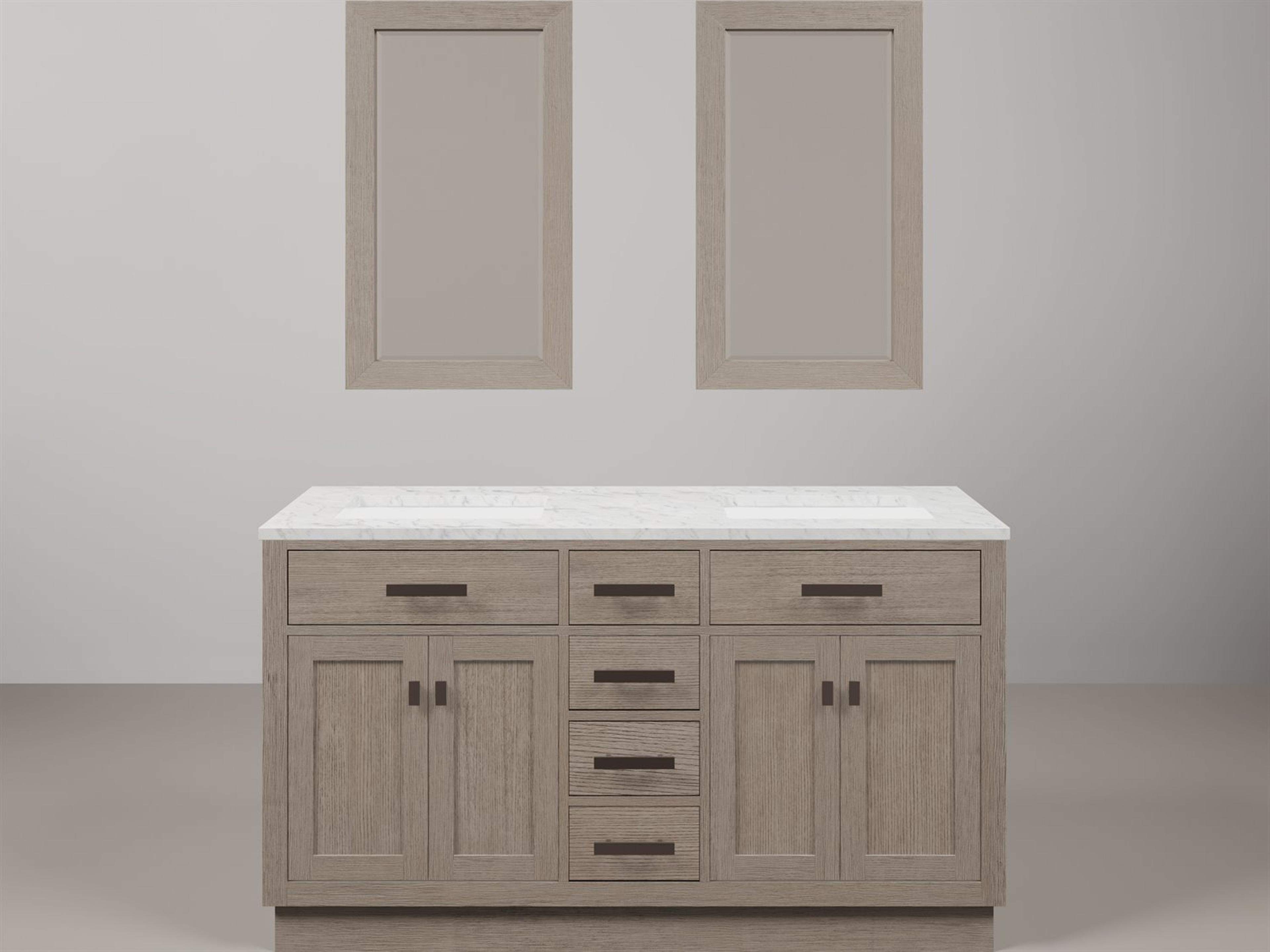 Chestnut Double Sink Carrara White Marble Countertop Bath Vanity In Grey Oak with Oil Rubbed Bronze Hardware and Rectangular Mirror (S)