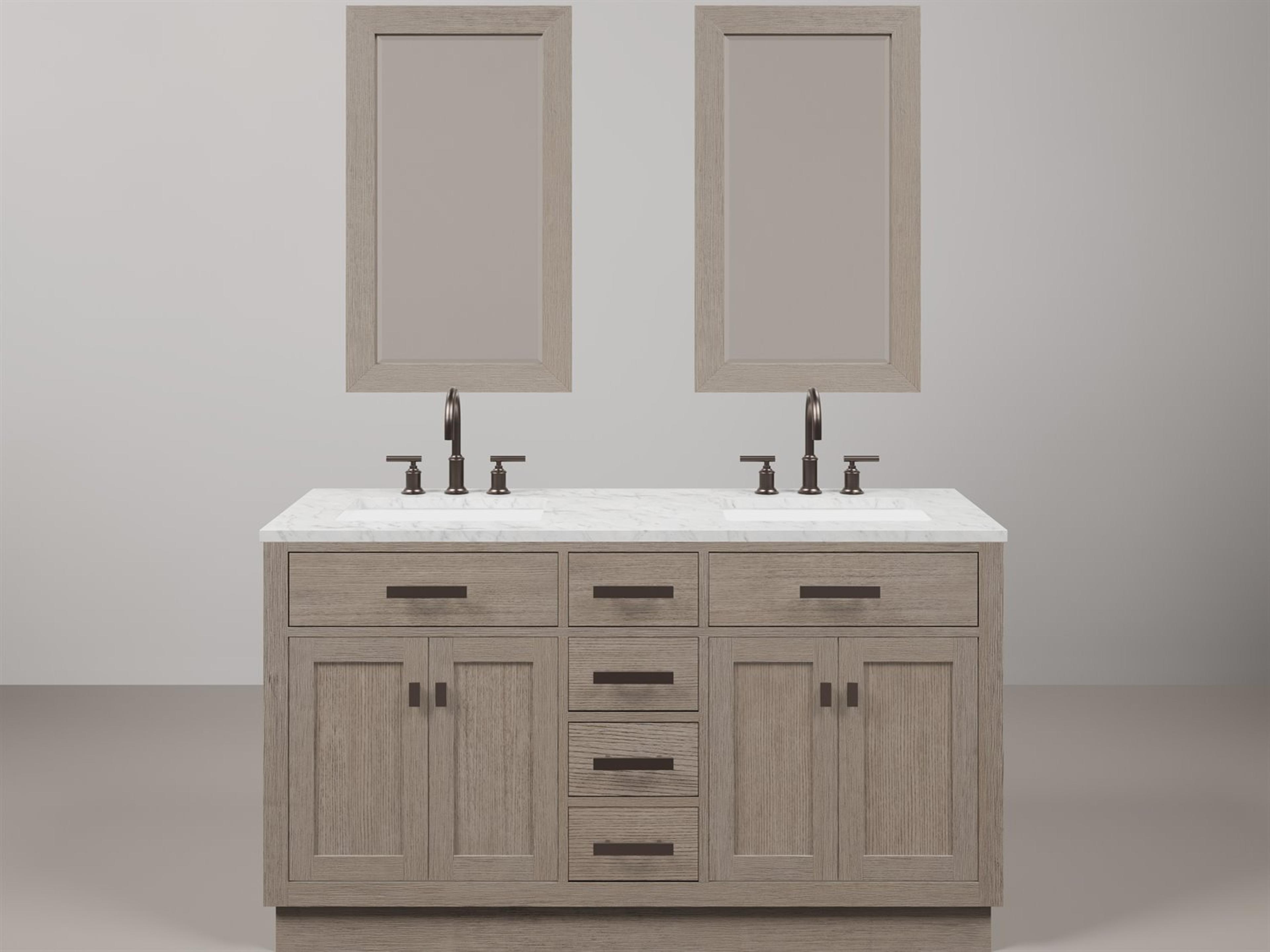Chestnut Double Sink Carrara White Marble Countertop Bath Vanity In Grey Oak with Oil Rubbed Bronze Hardware, Gooseneck Faucet and Rectangular Mirror (S)