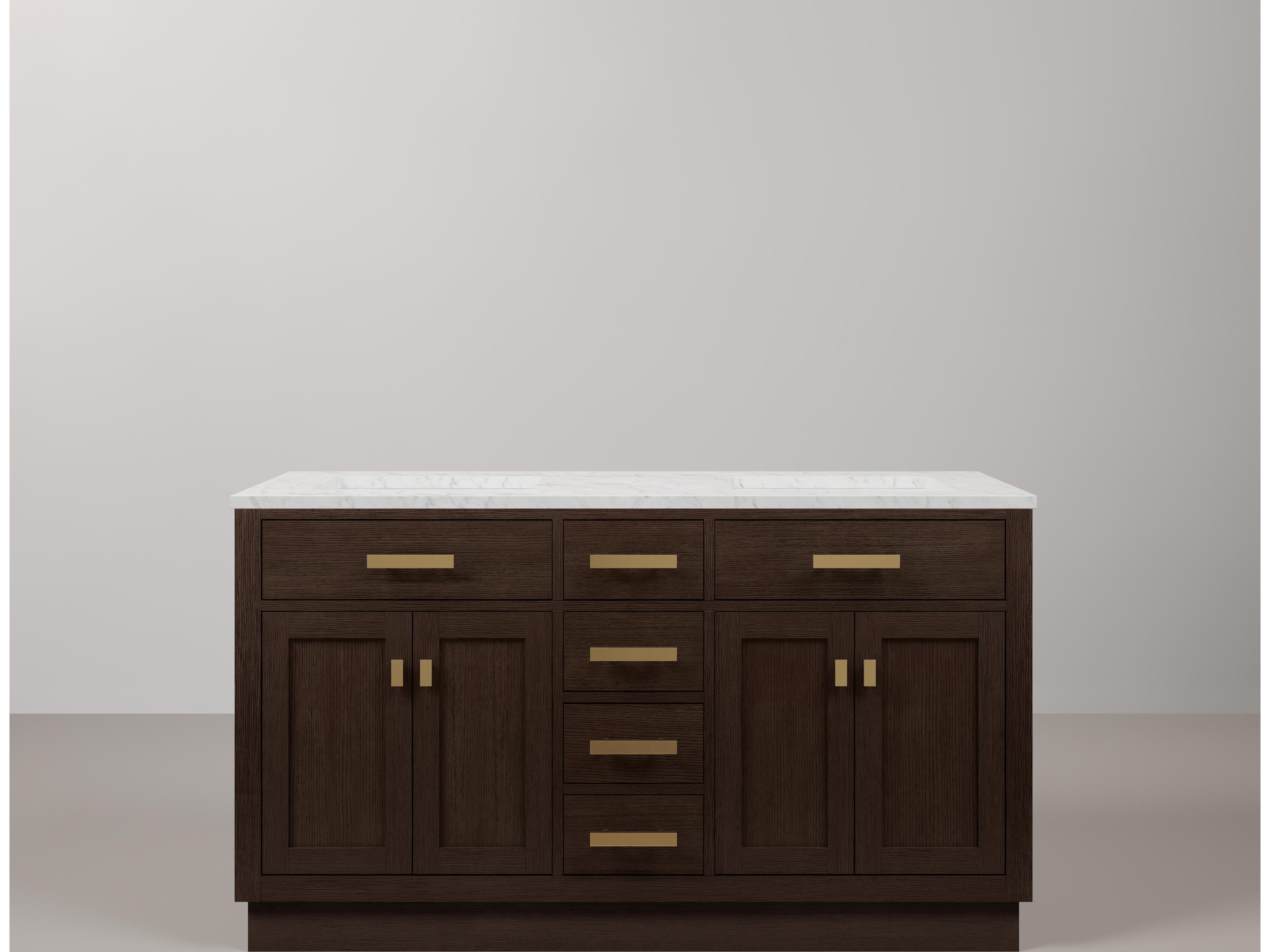 Water Creation Chestnut Double Sink Carrara White Marble Countertop Bath Vanity In Brown Oak with Satin Gold Hardware