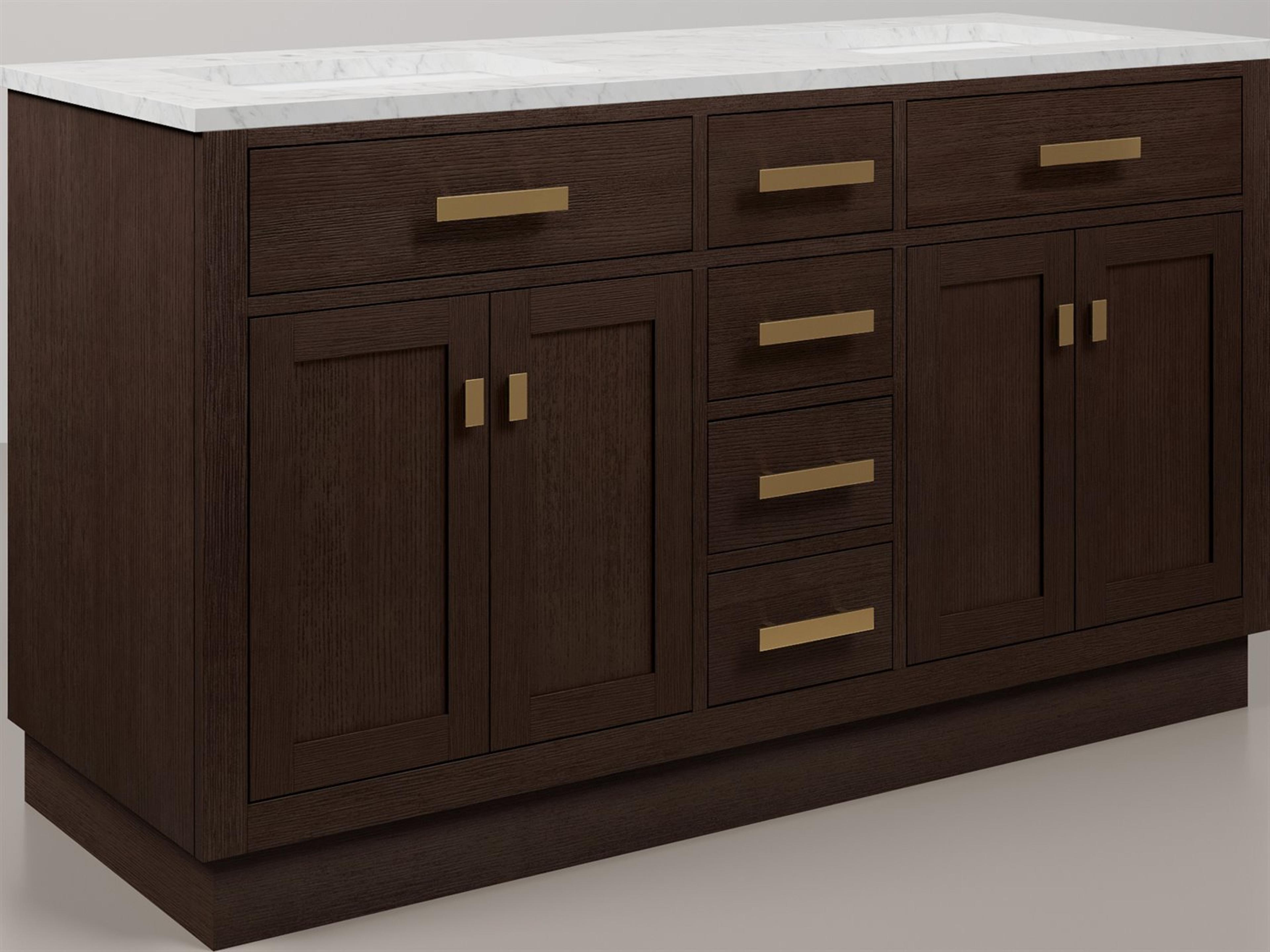 Chestnut Double Sink Carrara White Marble Countertop Bath Vanity In Brown Oak with Satin Gold Hardware