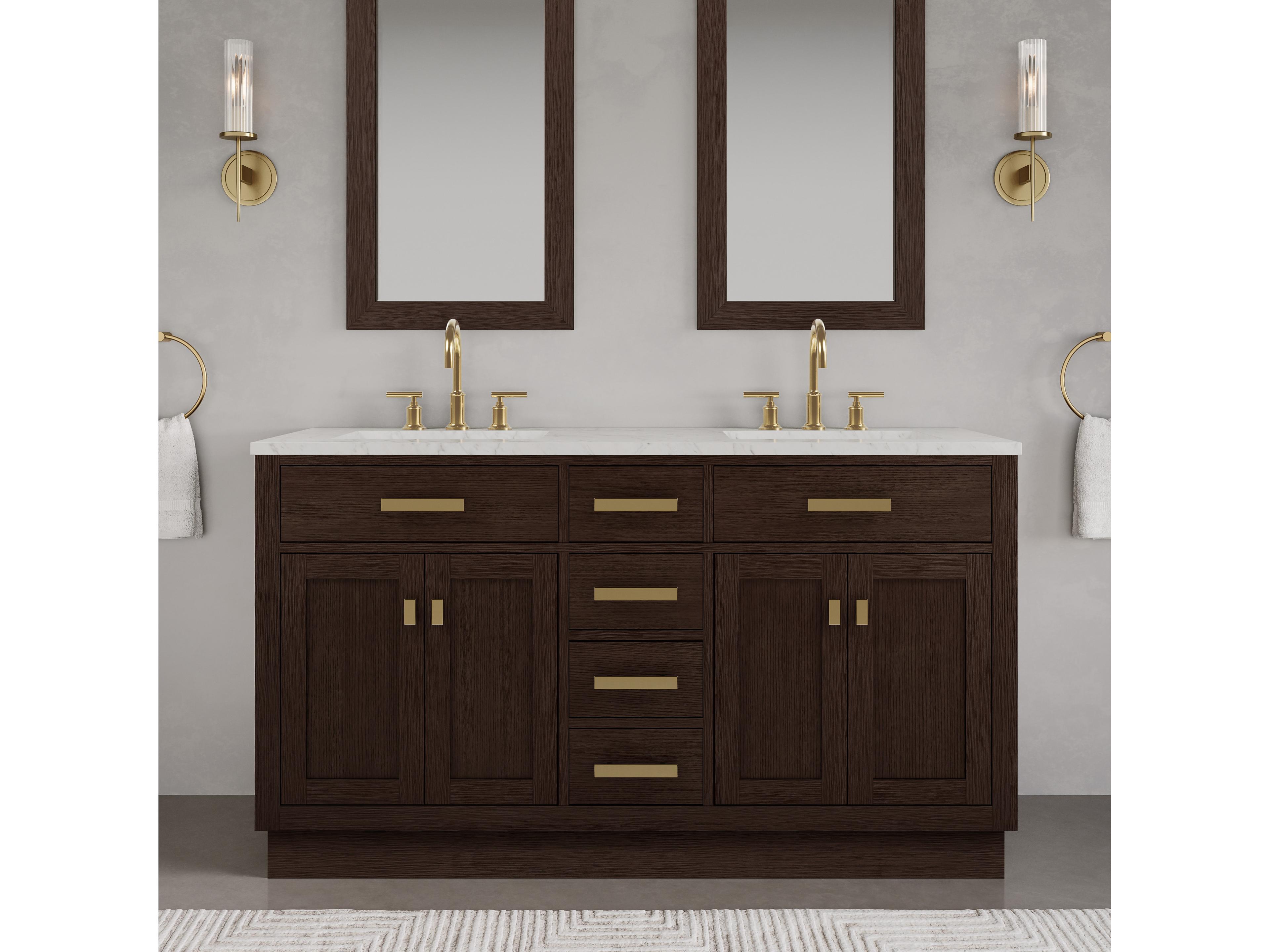 Water Creation Chestnut Double Sink Carrara White Marble Countertop Bath Vanity In Brown Oak with Satin Gold Hardware and Gooseneck Faucet