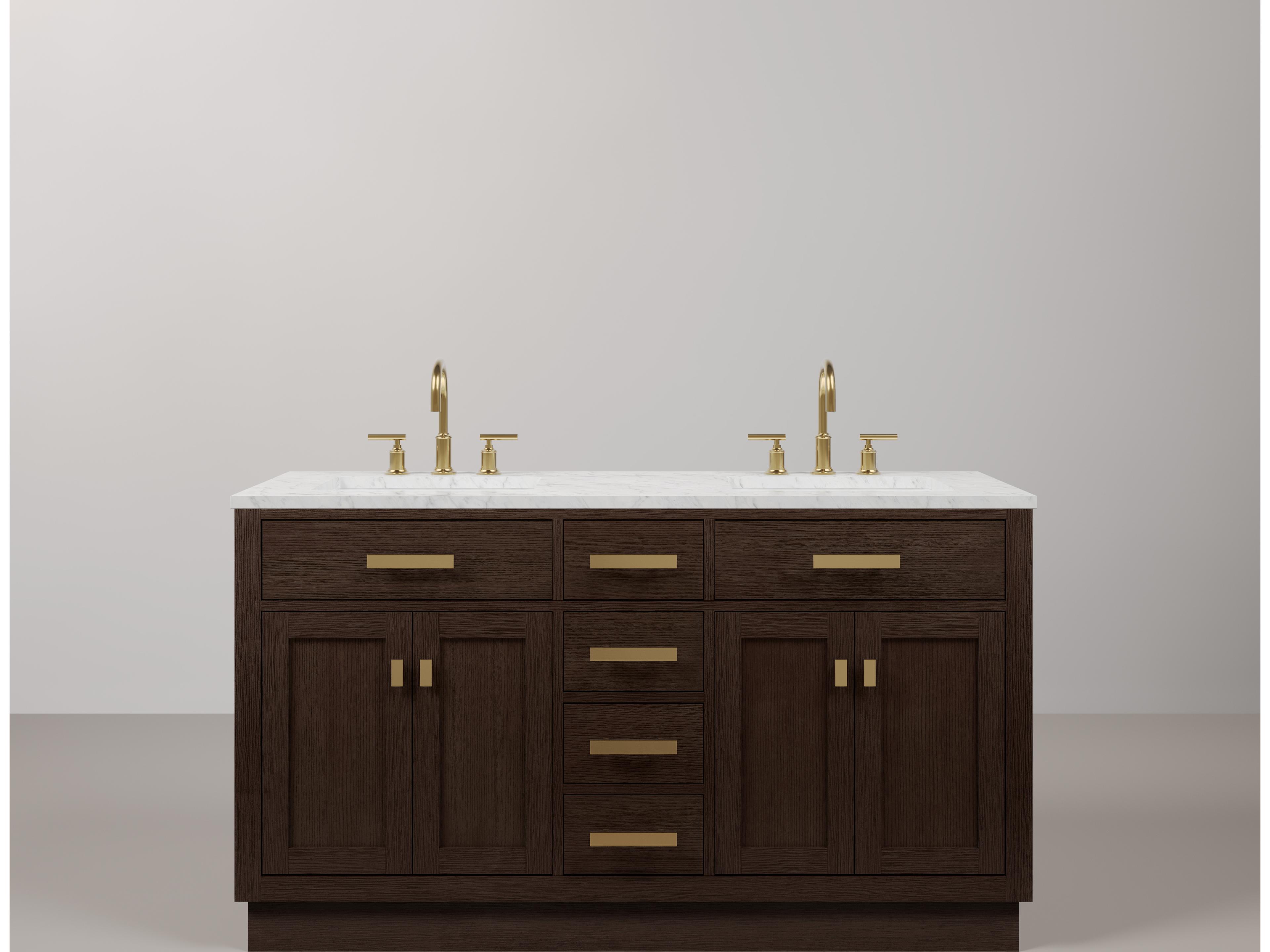 Water Creation Chestnut Double Sink Carrara White Marble Countertop Bath Vanity In Brown Oak with Satin Gold Hardware and Gooseneck Faucet