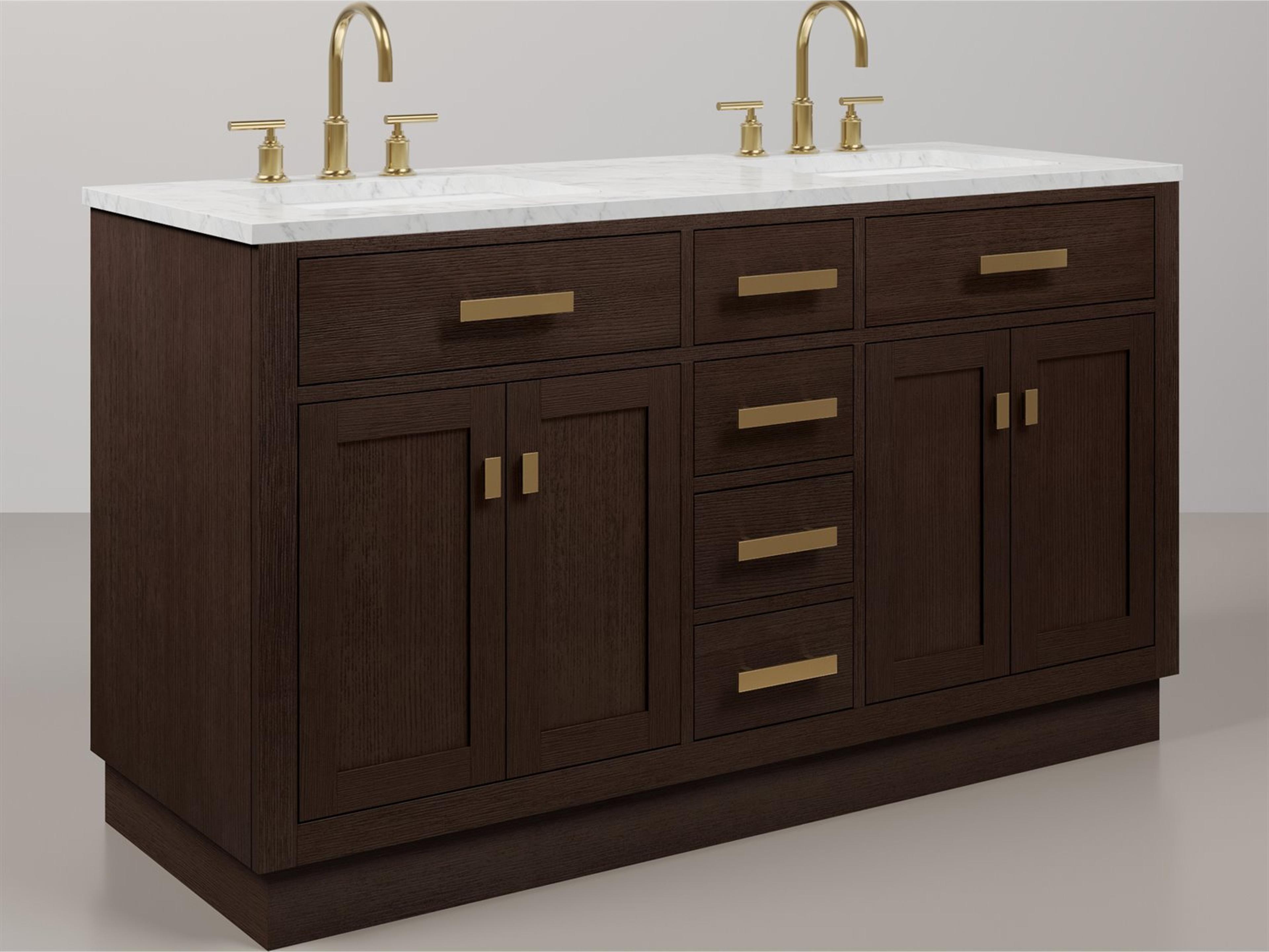 Water Creation Chestnut Double Sink Carrara White Marble Countertop Bath Vanity In Brown Oak with Satin Gold Hardware and Gooseneck Faucet
