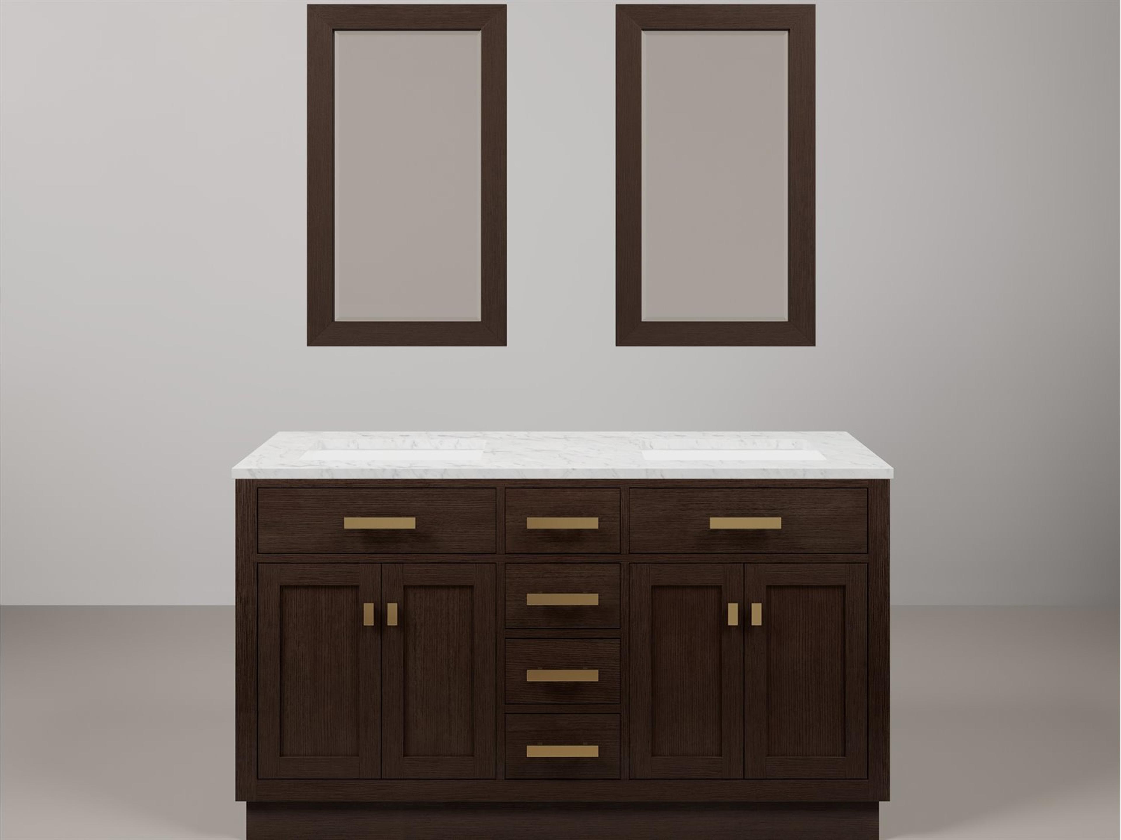 Chestnut Double Sink Carrara White Marble Countertop Bath Vanity In Brown Oak with Satin Gold Hardware and Rectangular Mirror (S)