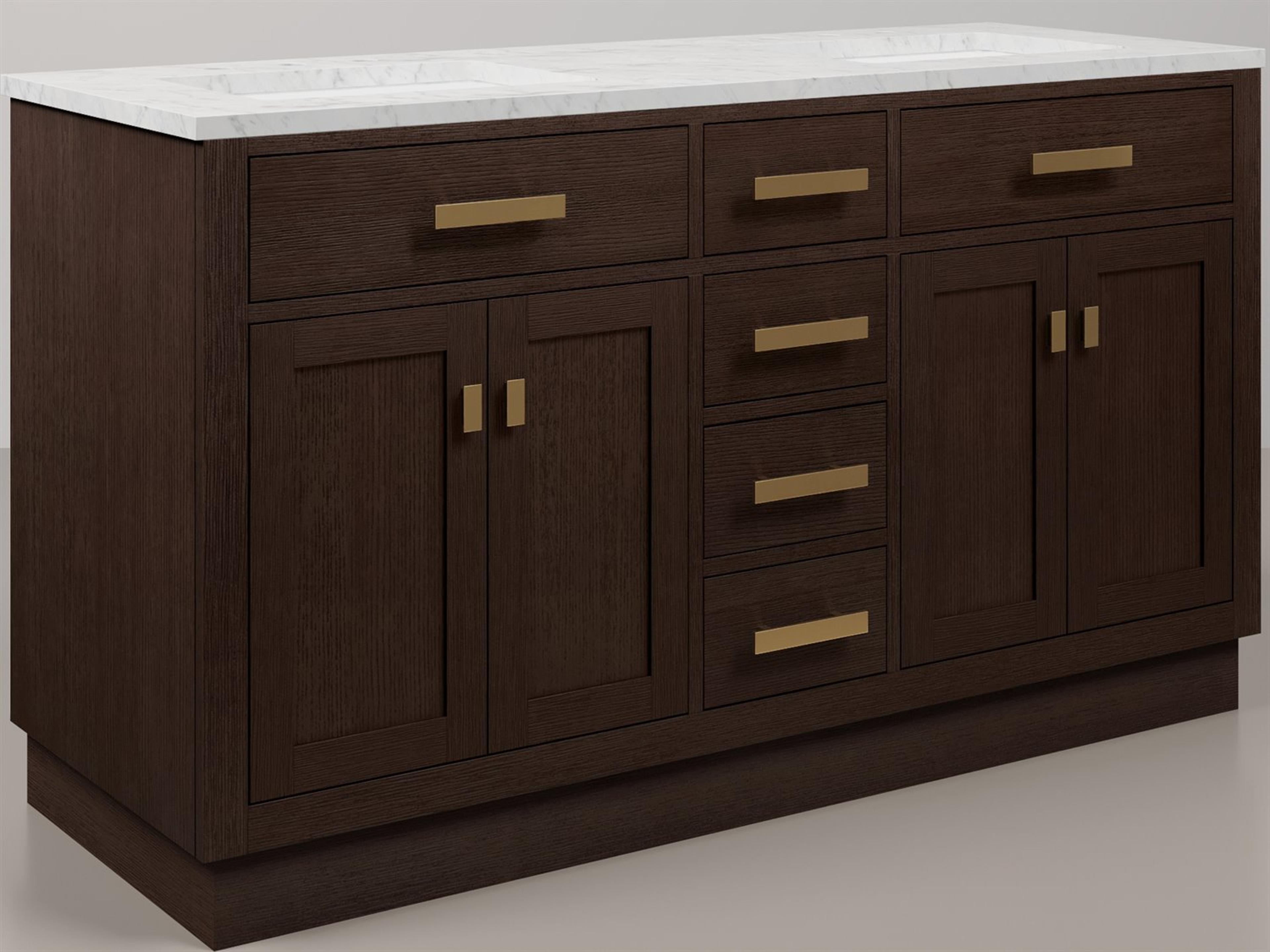 Water Creation Chestnut Double Sink Carrara White Marble Countertop Bath Vanity In Brown Oak with Satin Gold Hardware and Rectangular Mirror (S)