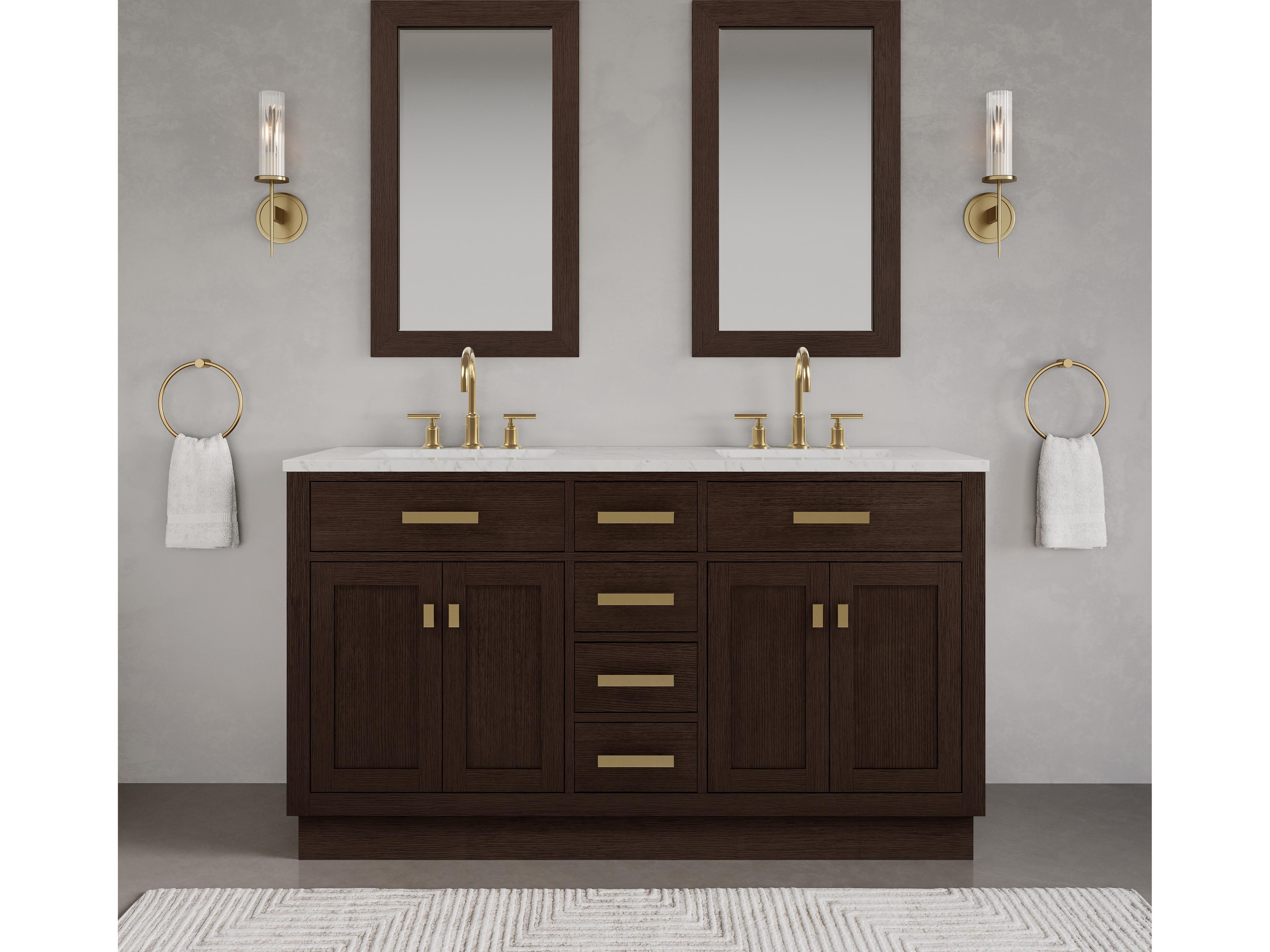 Water Creation Chestnut Double Sink Carrara White Marble Countertop Bath Vanity In Brown Oak with Satin Gold Hardware, Gooseneck Faucet and Rectangular Mirror (S)