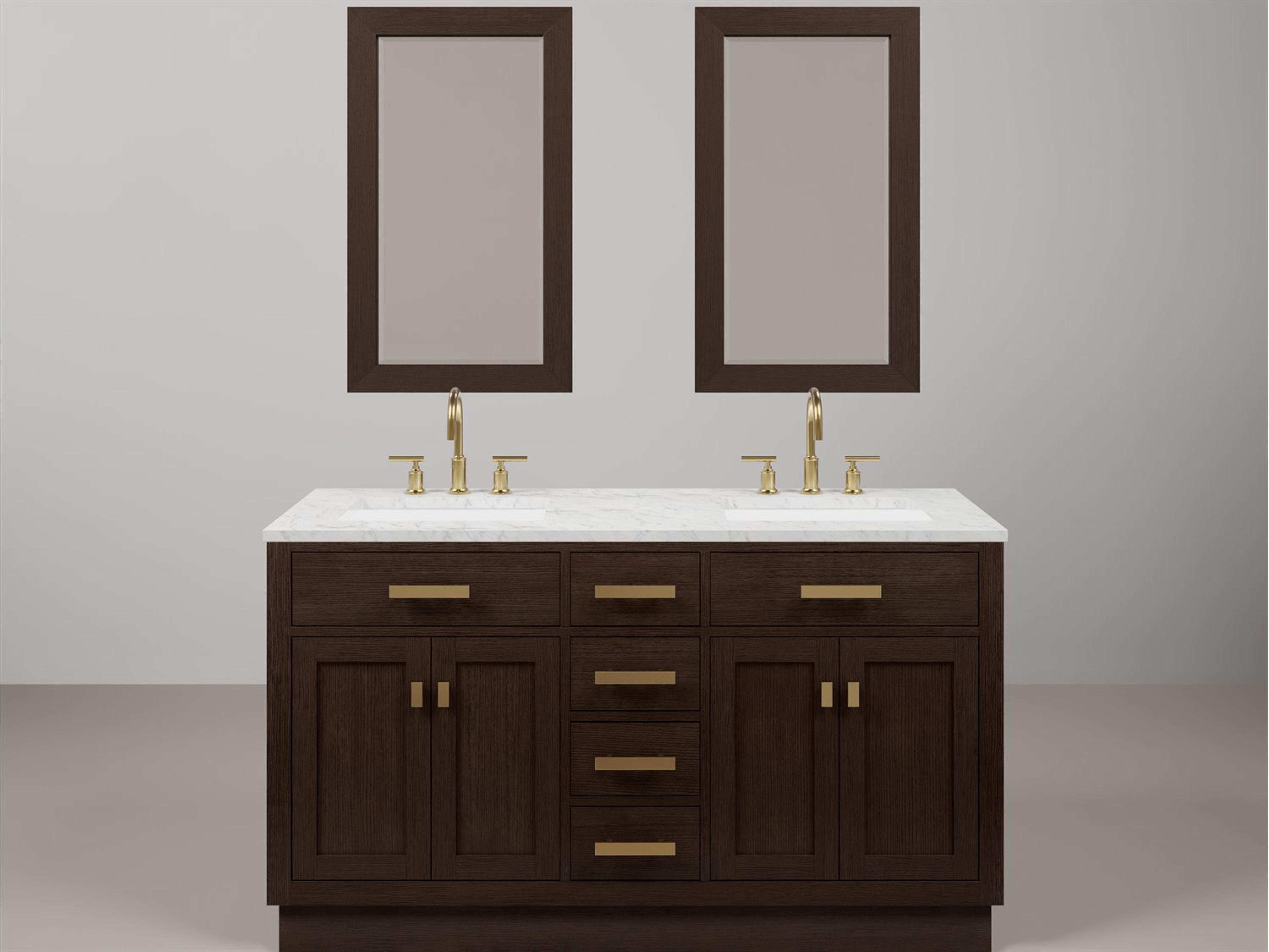 Chestnut Double Sink Carrara White Marble Countertop Bath Vanity In Brown Oak with Satin Gold Hardware, Gooseneck Faucet and Rectangular Mirror (S)
