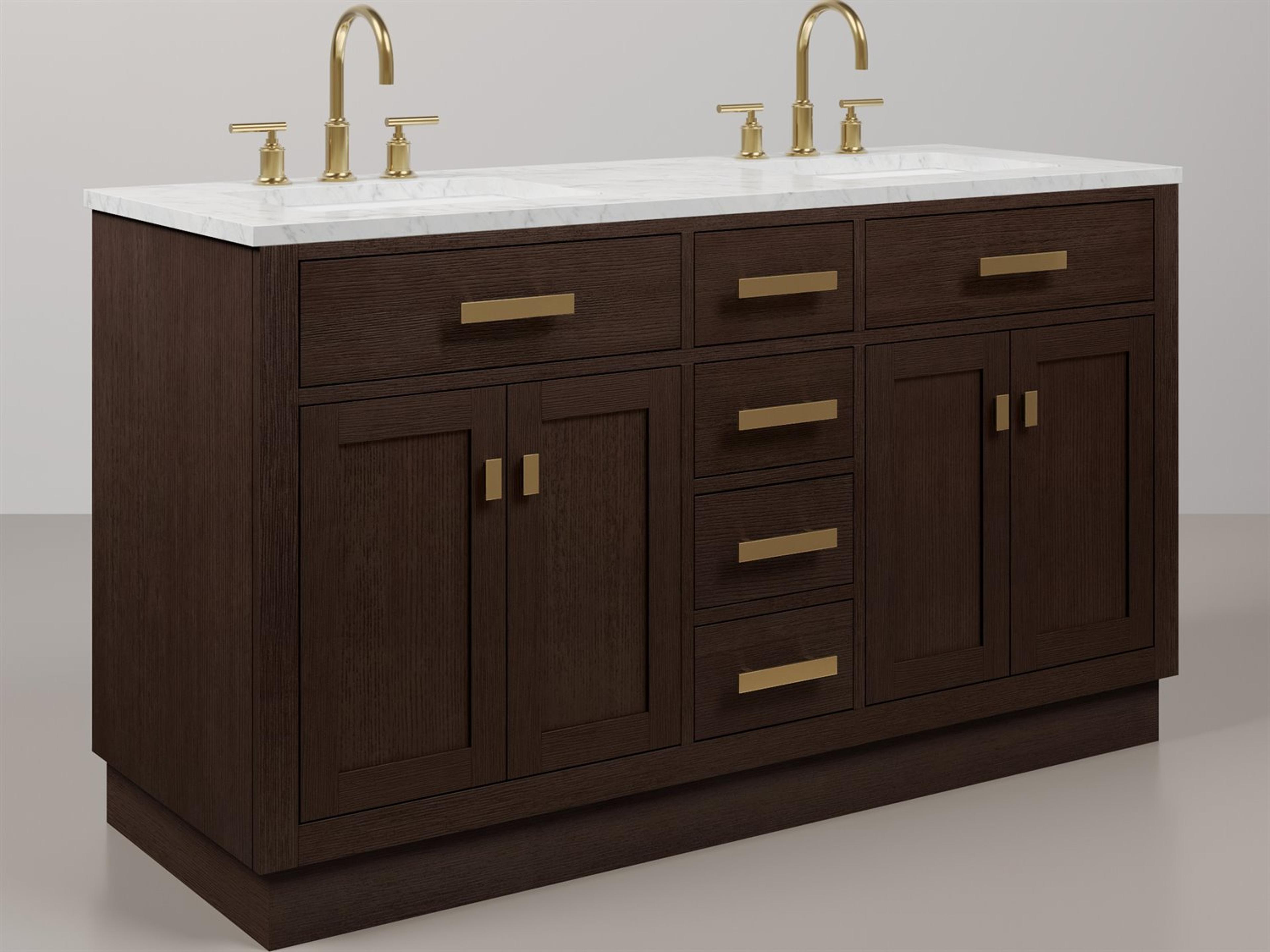 Water Creation Chestnut Double Sink Carrara White Marble Countertop Bath Vanity In Brown Oak with Satin Gold Hardware, Gooseneck Faucet and Rectangular Mirror (S)