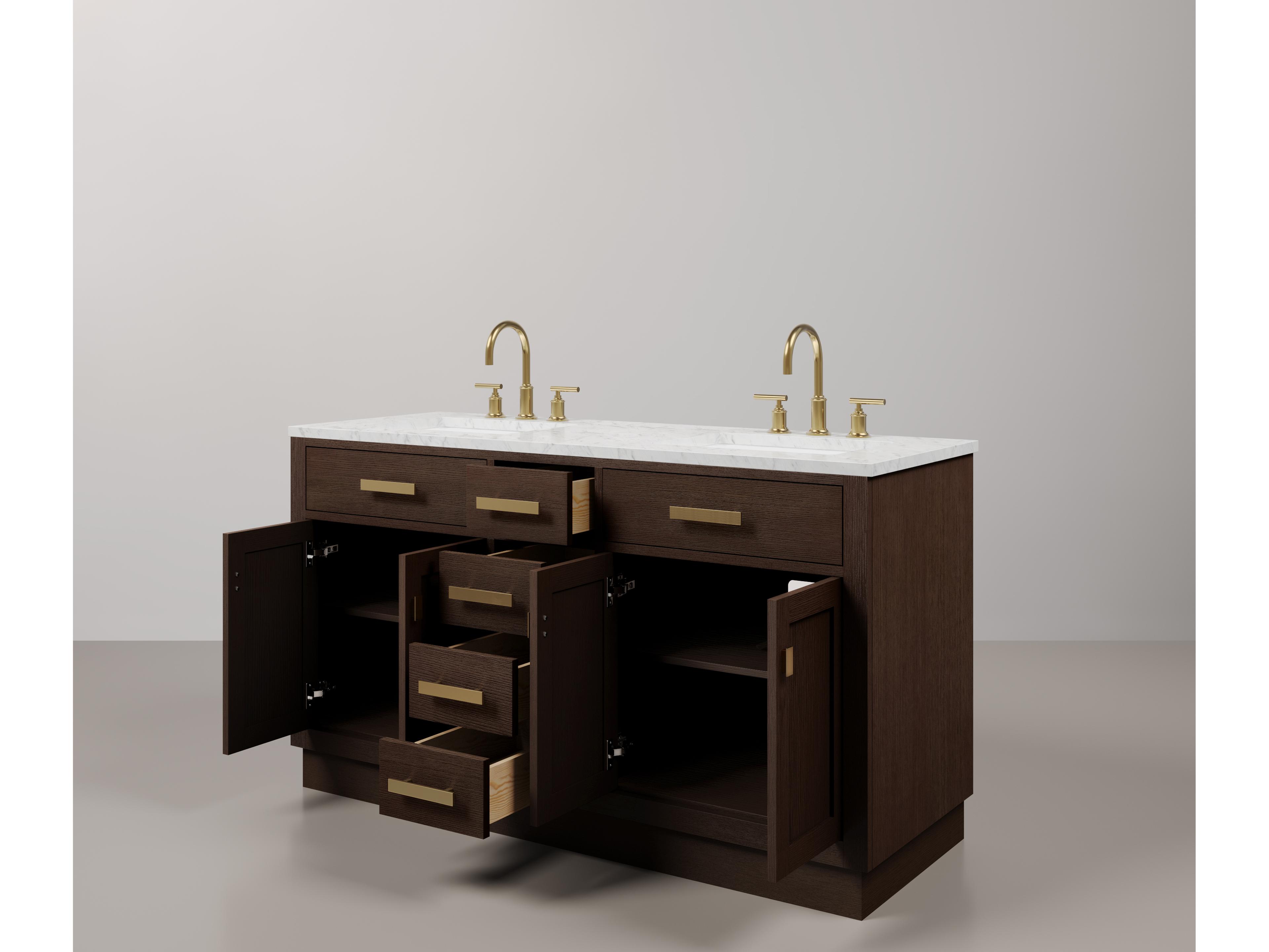 Water Creation Chestnut Double Sink Carrara White Marble Countertop Bath Vanity In Brown Oak with Satin Gold Hardware, Gooseneck Faucet and Rectangular Mirror (S)