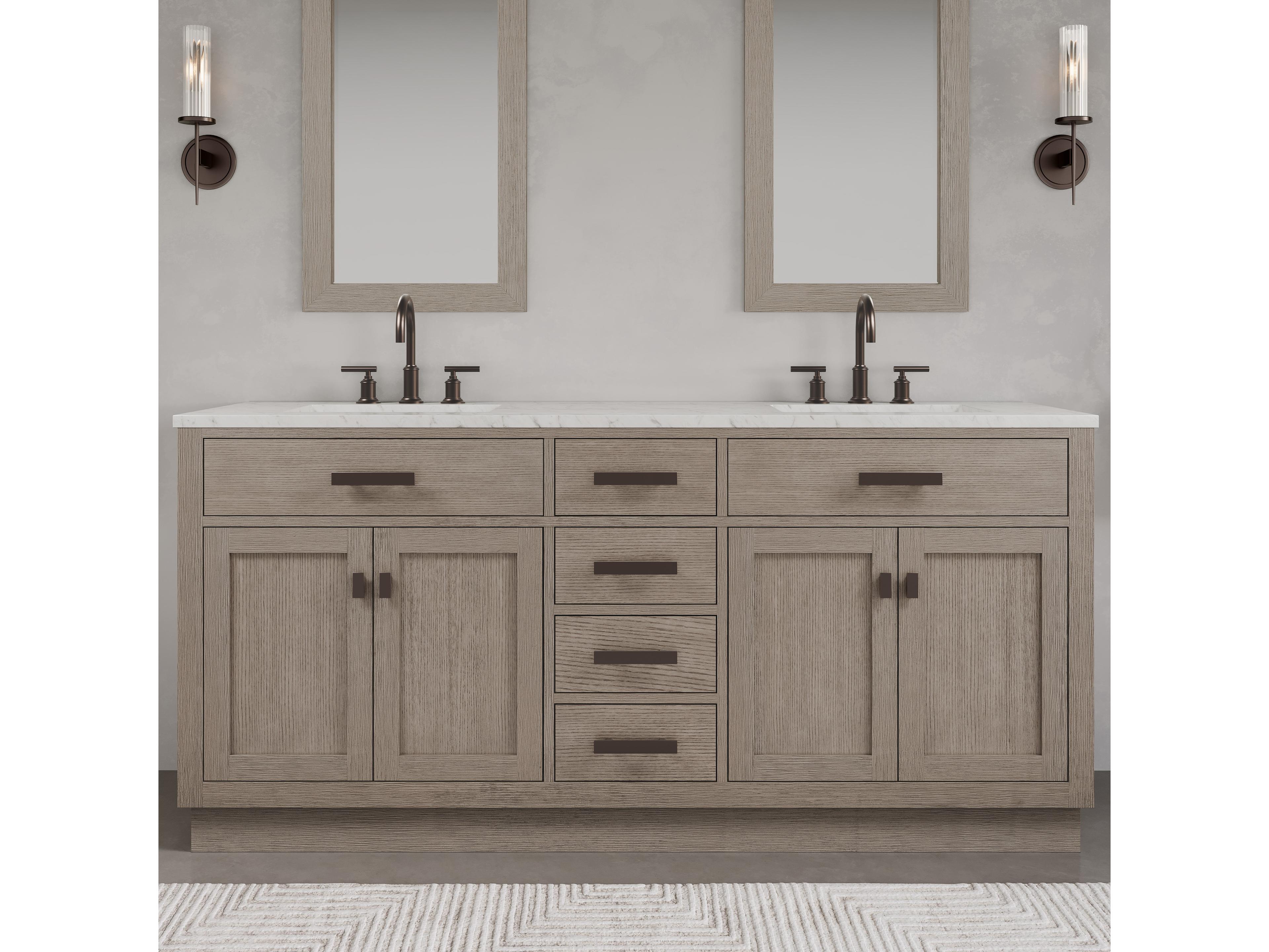 Water Creation Chestnut Double Sink Carrara White Marble Countertop Bath Vanity In Grey Oak with Oil Rubbed Bronze Hardware