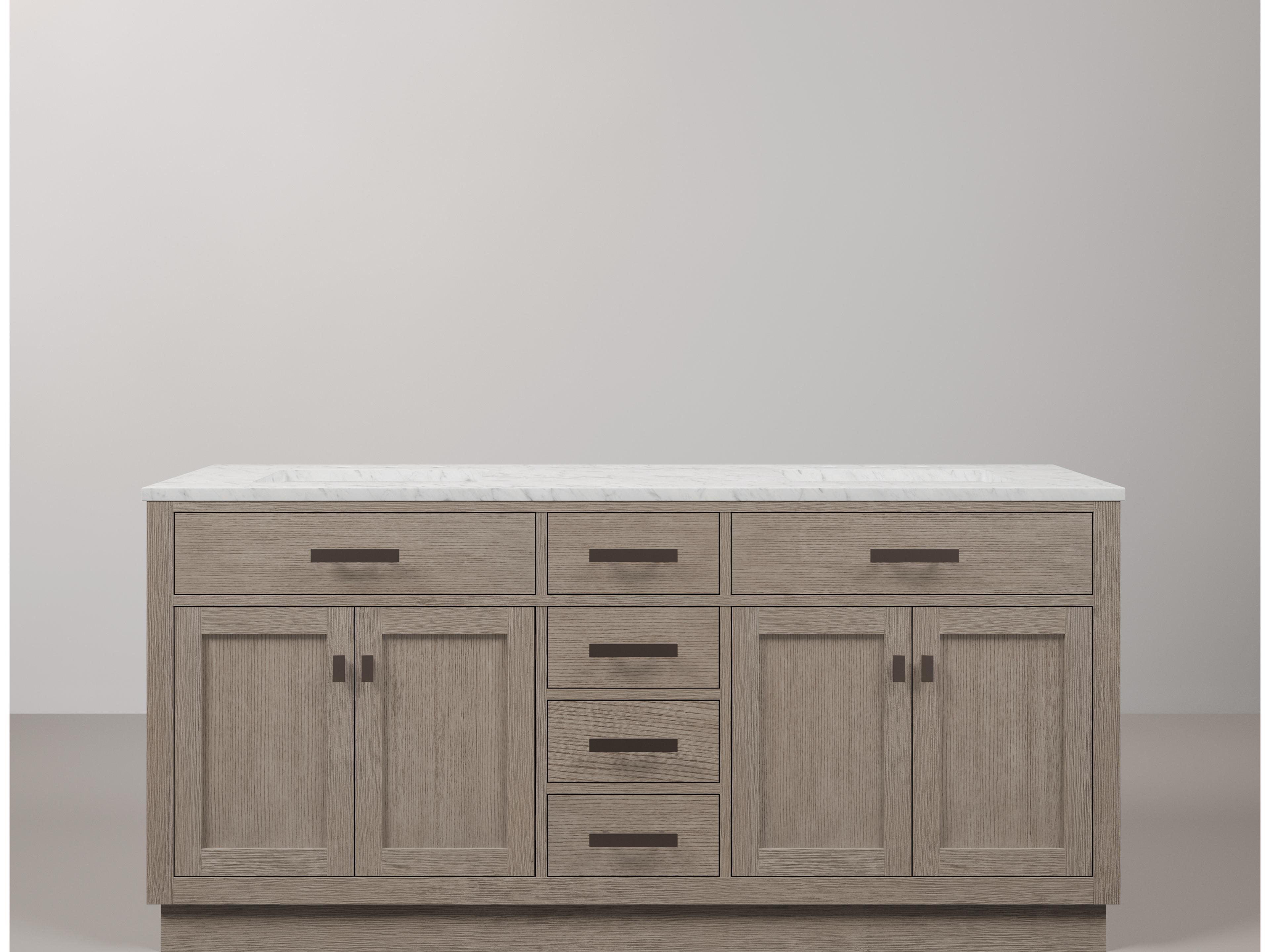 Water Creation Chestnut Double Sink Carrara White Marble Countertop Bath Vanity In Grey Oak with Oil Rubbed Bronze Hardware