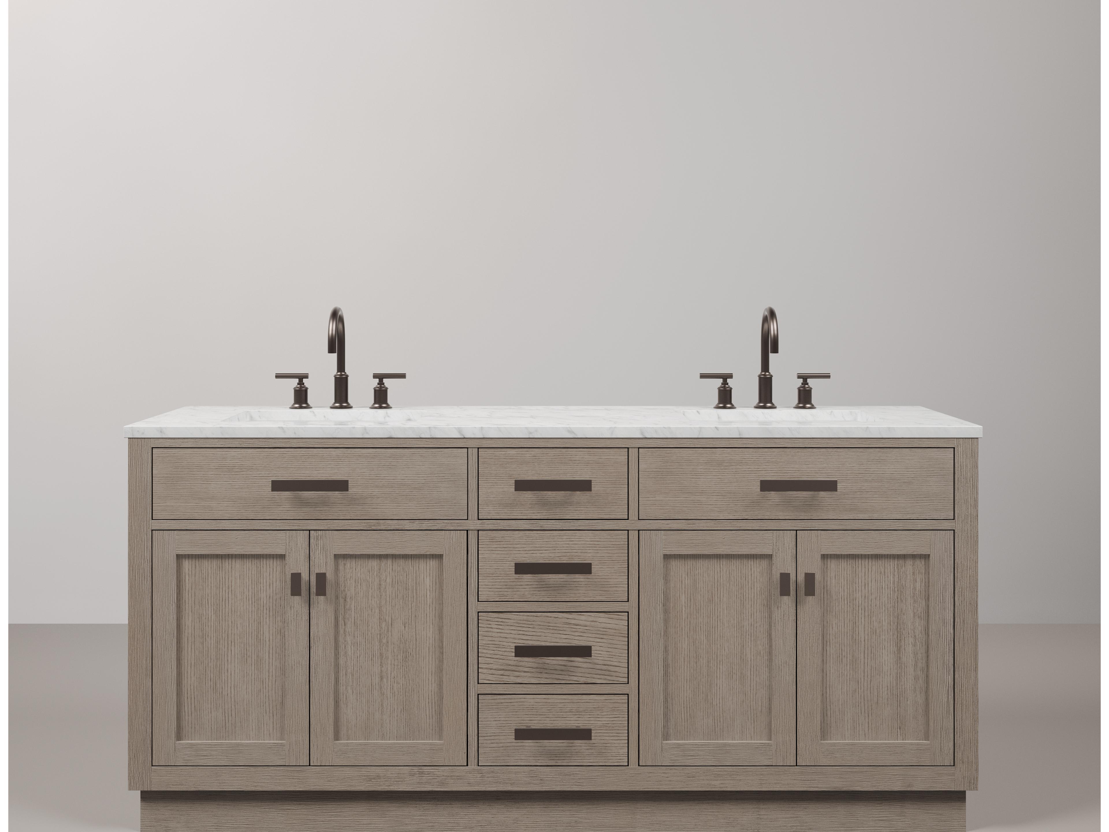 Water Creation Chestnut Double Sink Carrara White Marble Countertop Bath Vanity In Grey Oak with Oil Rubbed Bronze Hardware and Gooseneck Faucet