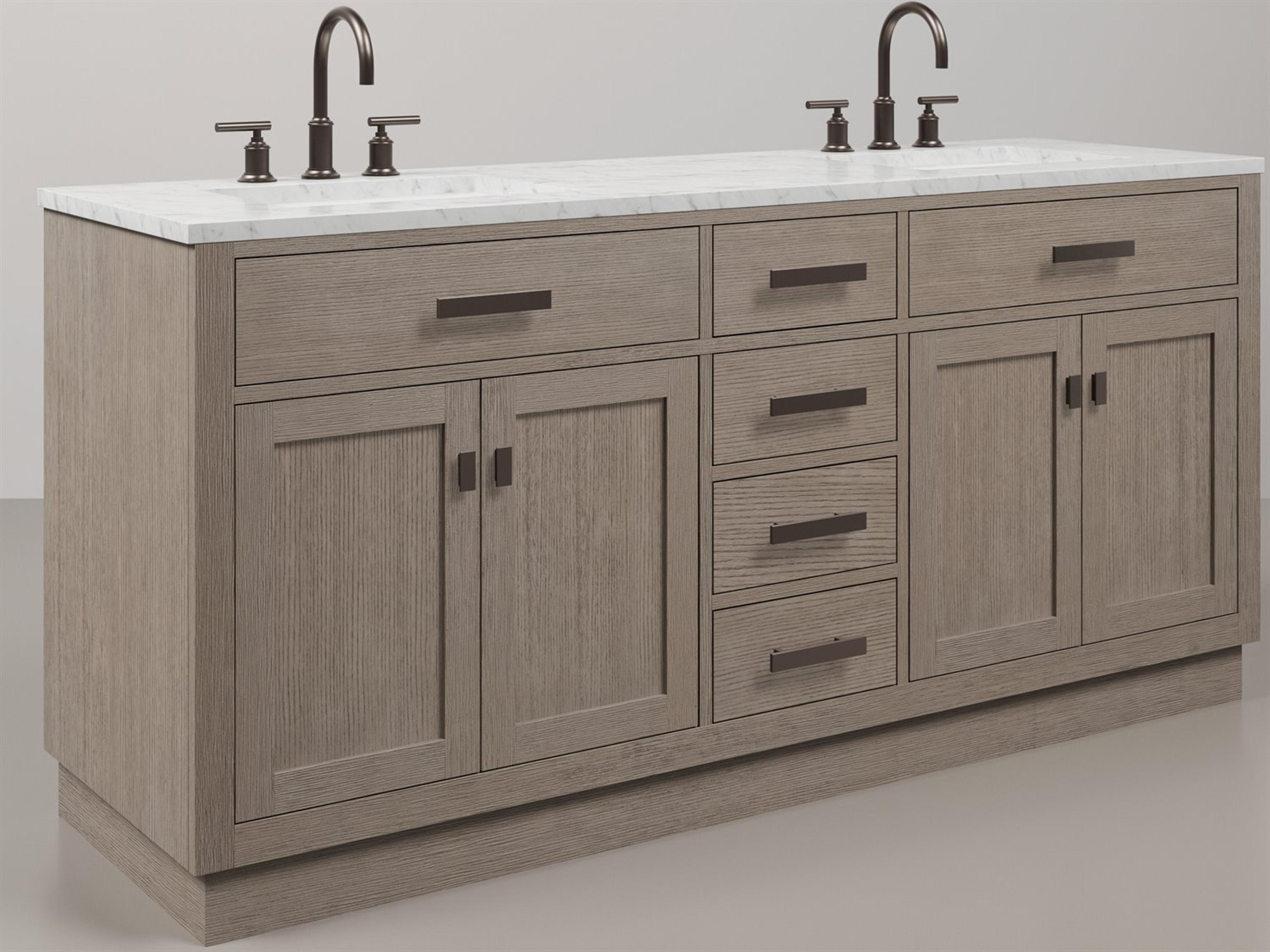 Chestnut Double Sink Carrara White Marble Countertop Bath Vanity In Grey Oak with Oil Rubbed Bronze Hardware and Gooseneck Faucet