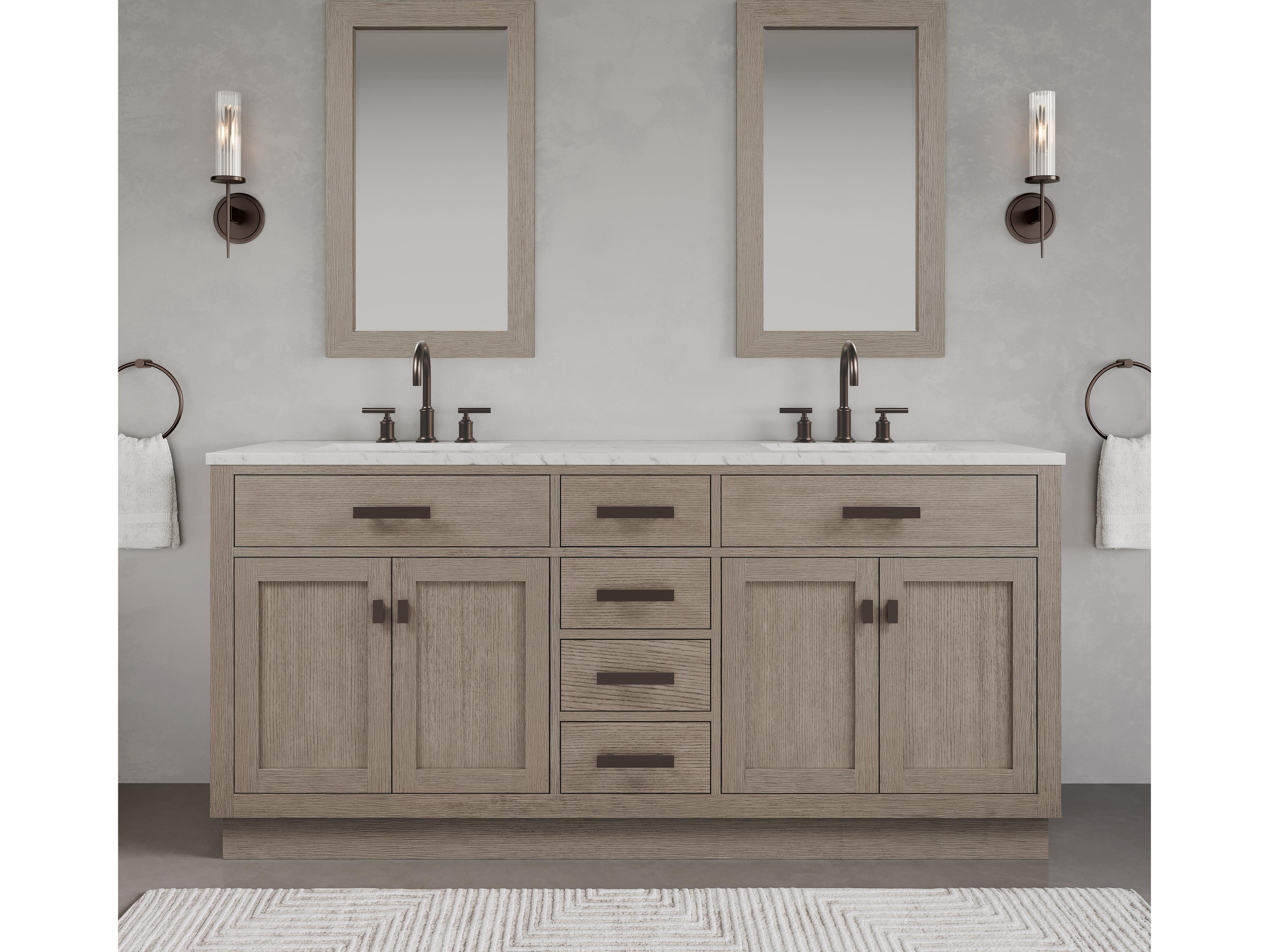 Water Creation Chestnut Double Sink Carrara White Marble Countertop Bath Vanity In Grey Oak with Oil Rubbed Bronze Hardware, Gooseneck Faucet and Rectangular Mirror (S)