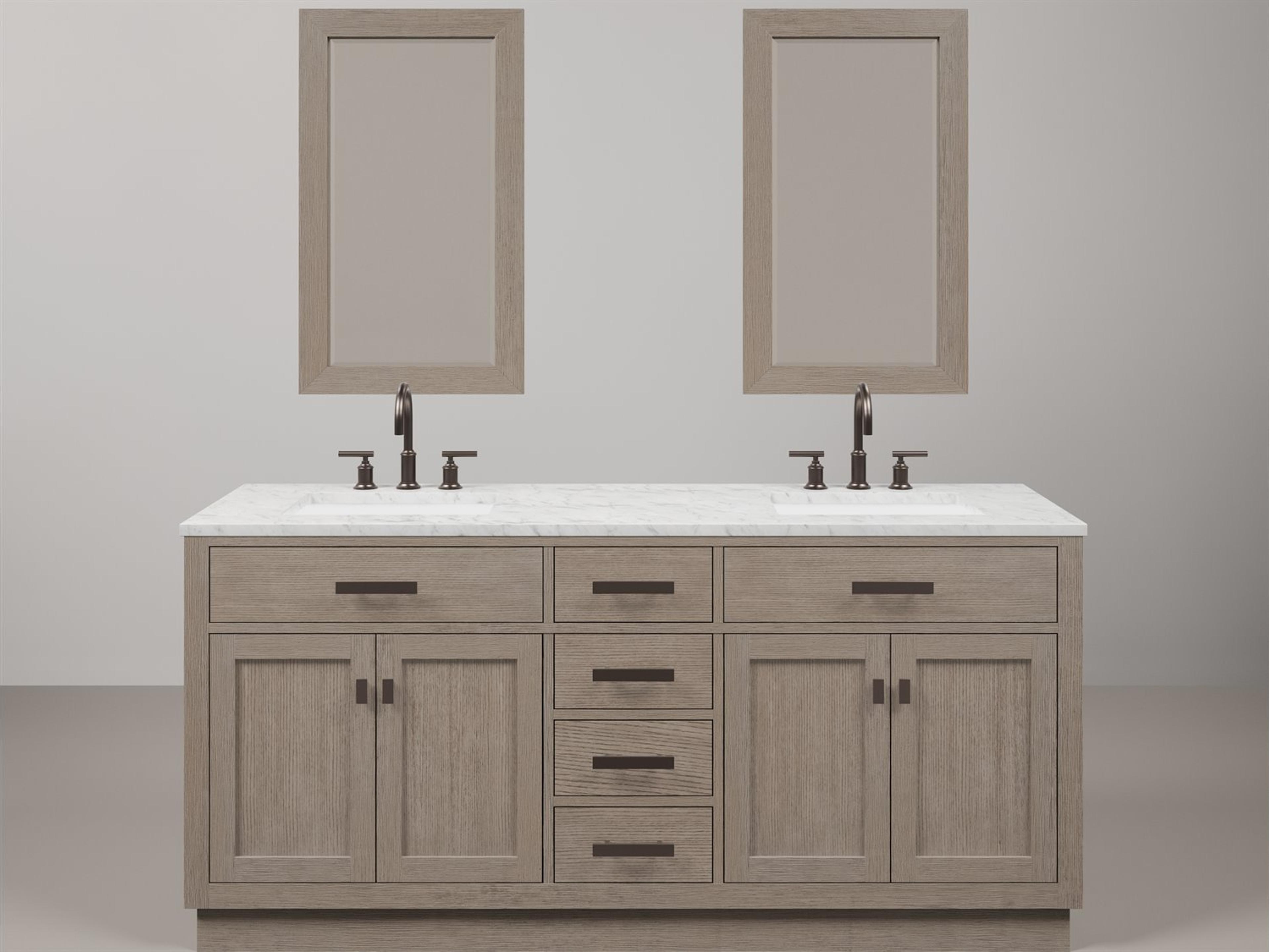 Chestnut Double Sink Carrara White Marble Countertop Bath Vanity In Grey Oak with Oil Rubbed Bronze Hardware, Gooseneck Faucet and Rectangular Mirror (S)