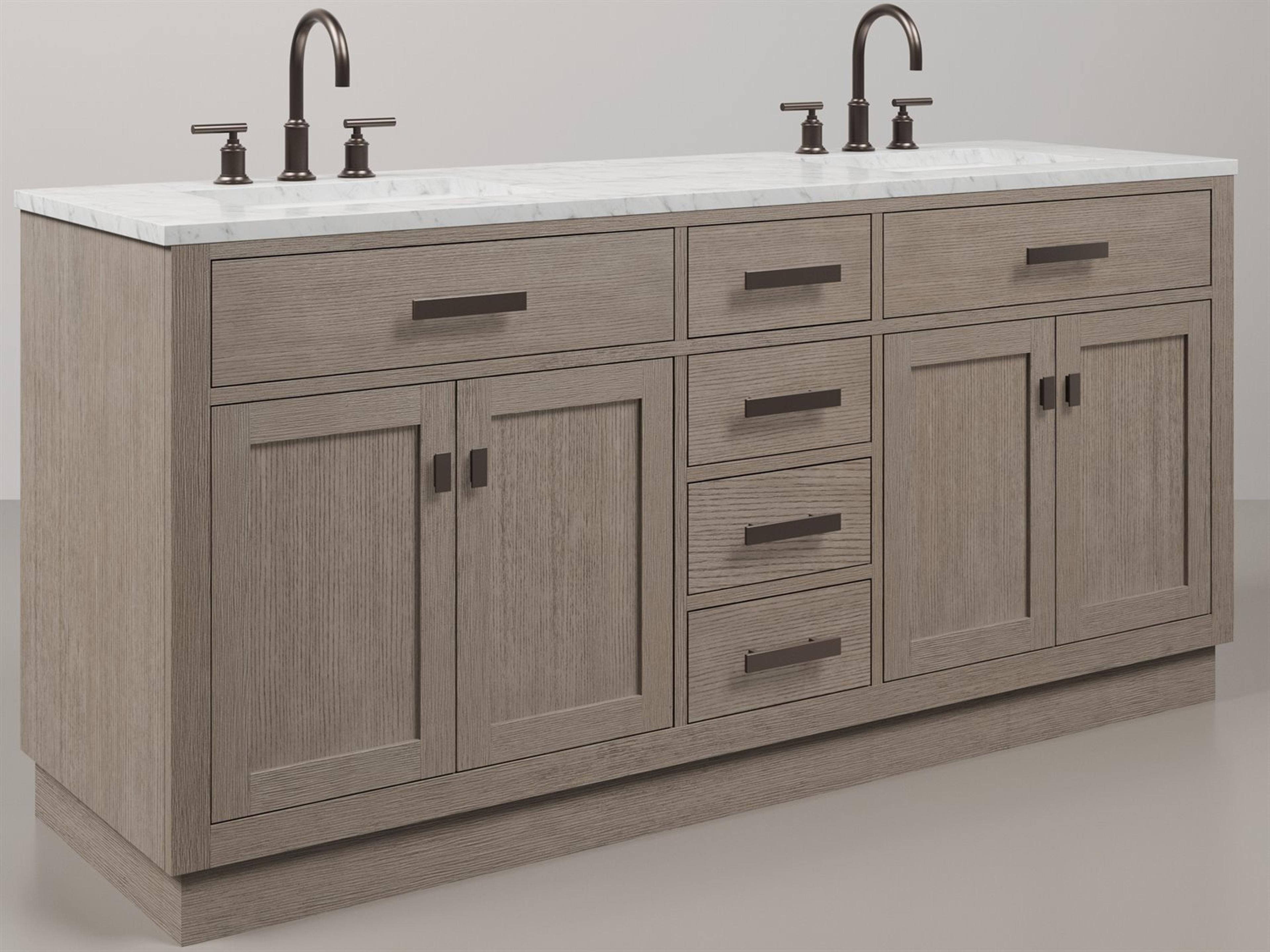 Water Creation Chestnut Double Sink Carrara White Marble Countertop Bath Vanity In Grey Oak with Oil Rubbed Bronze Hardware, Gooseneck Faucet and Rectangular Mirror (S)