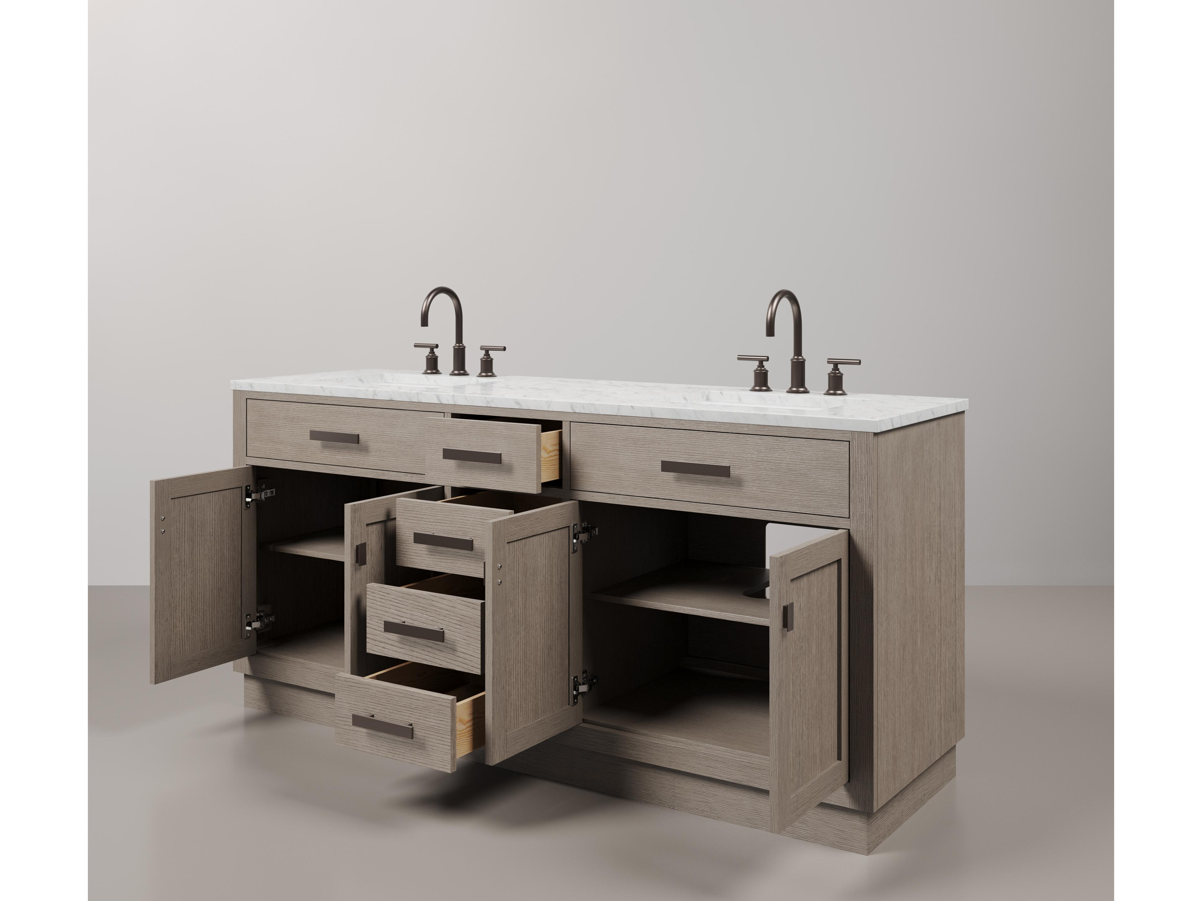 Water Creation Chestnut Double Sink Carrara White Marble Countertop Bath Vanity In Grey Oak with Oil Rubbed Bronze Hardware, Gooseneck Faucet and Rectangular Mirror (S)