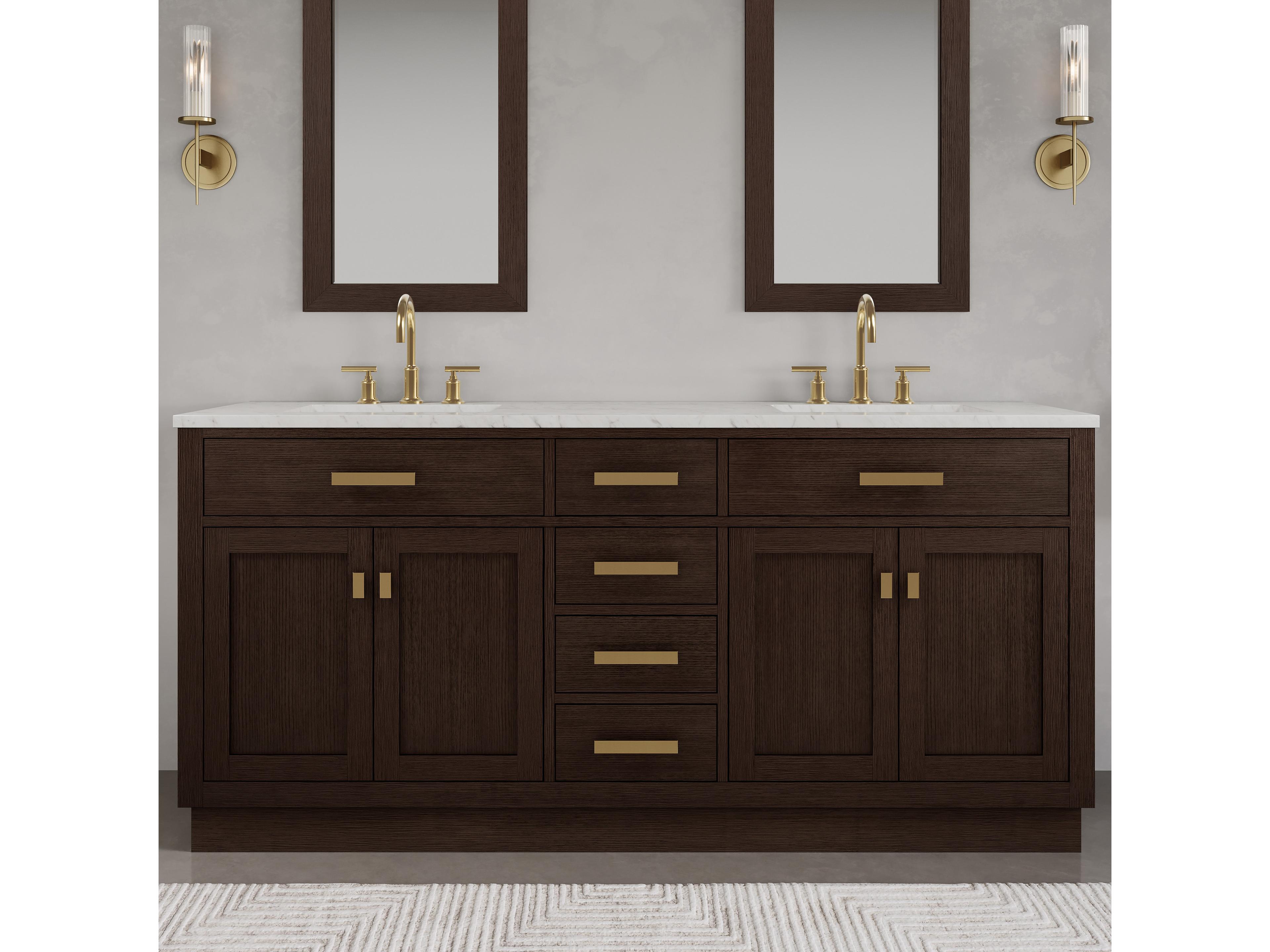 Water Creation Chestnut Double Sink Carrara White Marble Countertop Bath Vanity In Brown Oak with Satin Gold Hardware