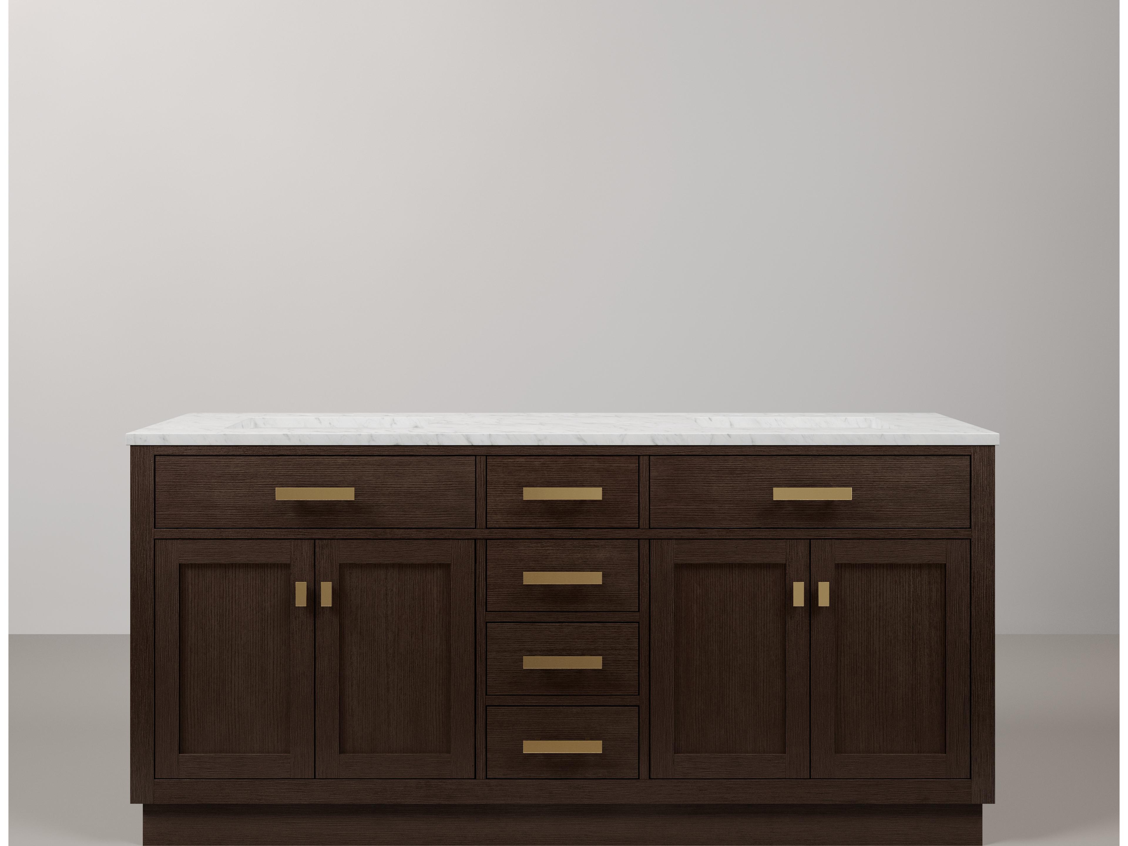 Water Creation Chestnut Double Sink Carrara White Marble Countertop Bath Vanity In Brown Oak with Satin Gold Hardware