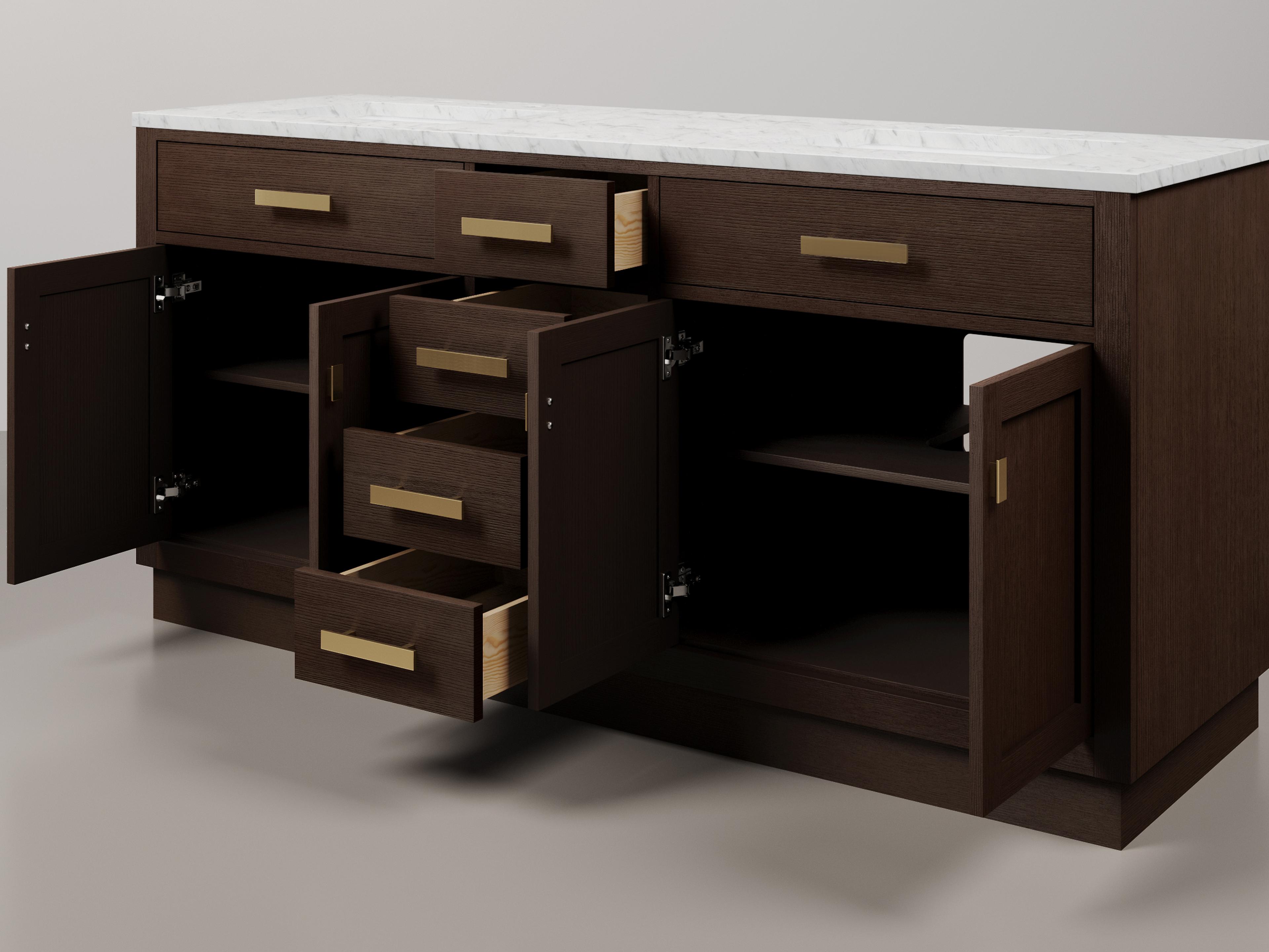 Water Creation Chestnut Double Sink Carrara White Marble Countertop Bath Vanity In Brown Oak with Satin Gold Hardware