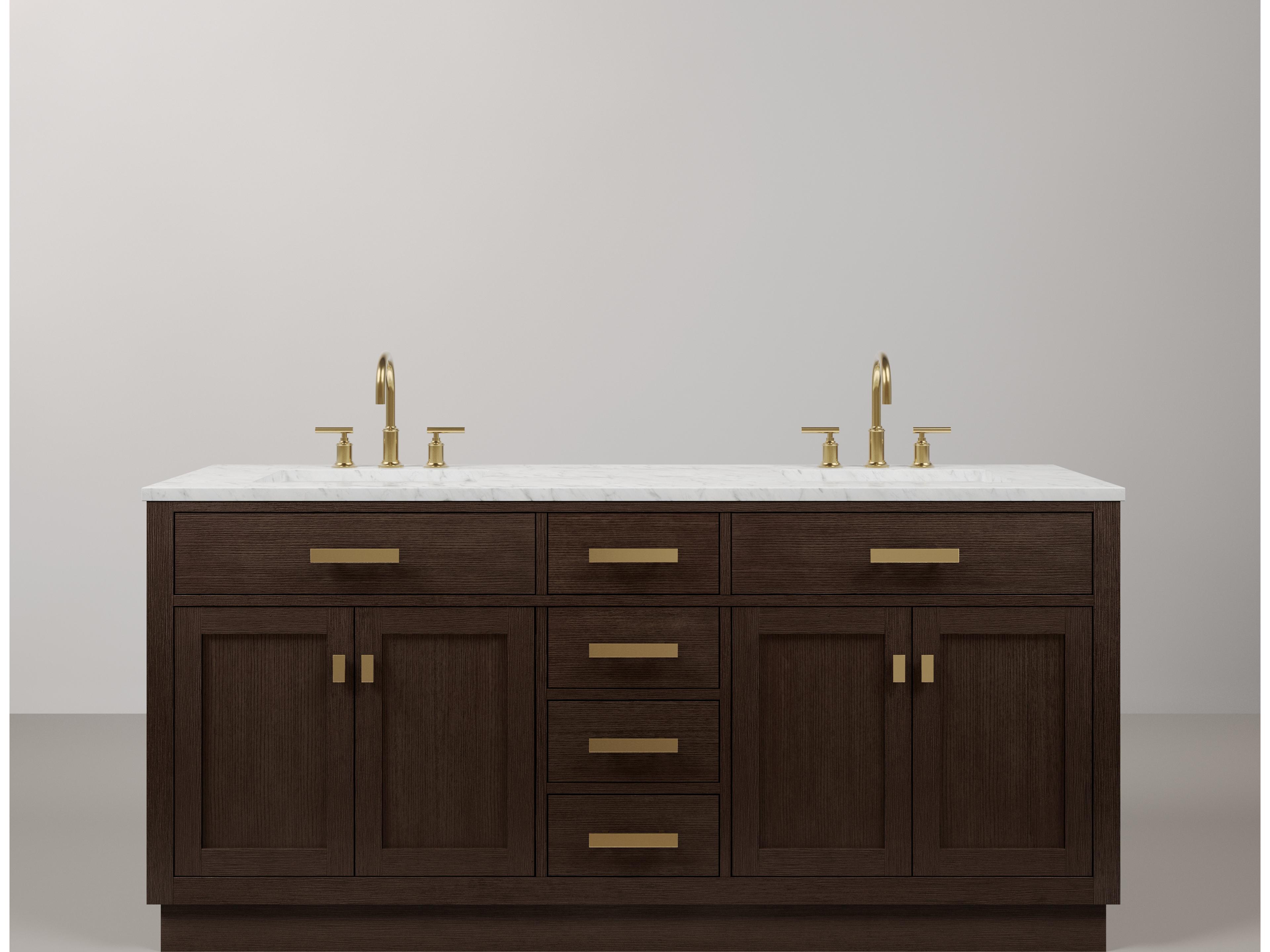 Water Creation Chestnut Double Sink Carrara White Marble Countertop Bath Vanity In Brown Oak with Satin Gold Hardware and Gooseneck Faucet