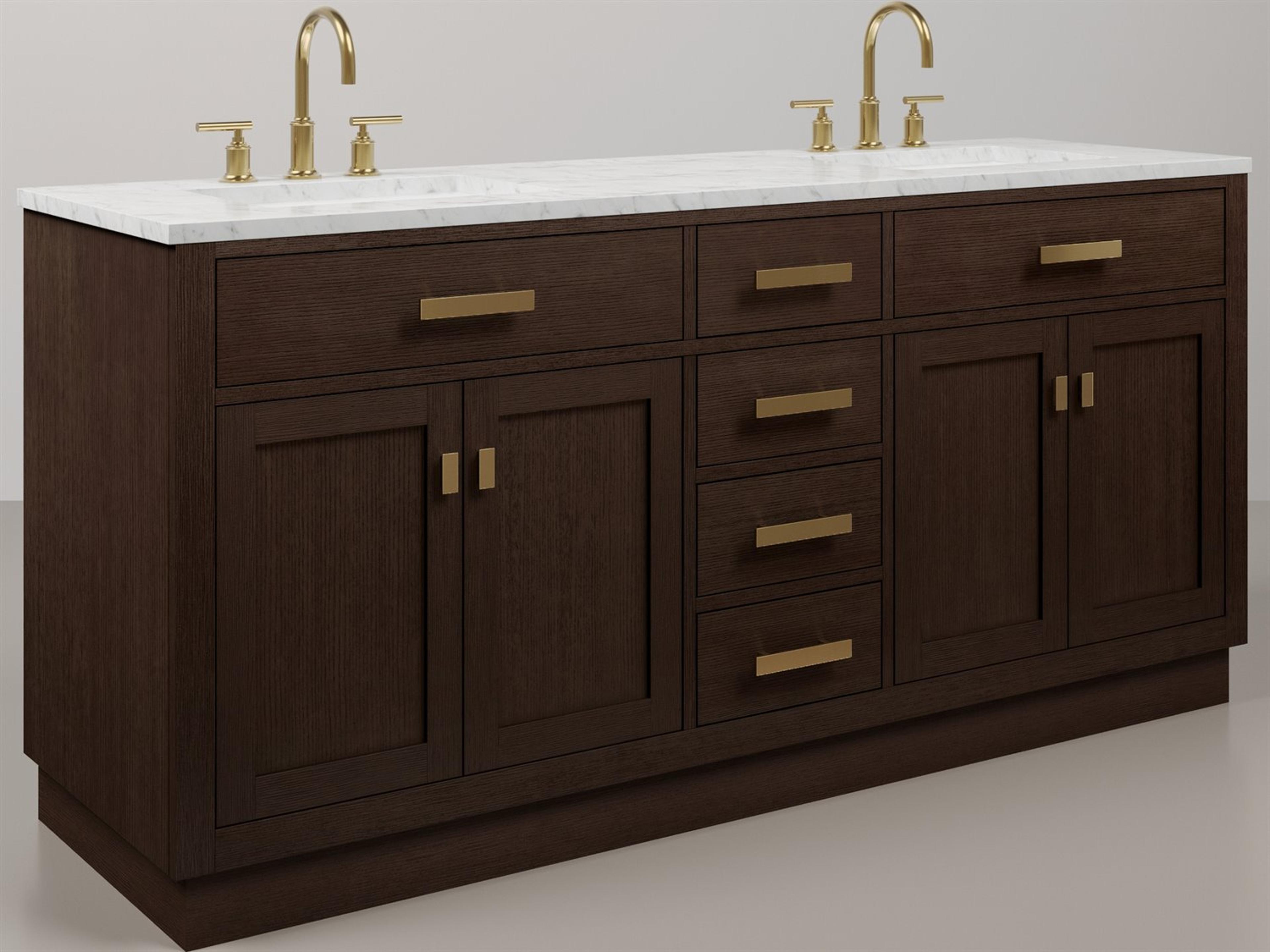 Chestnut Double Sink Carrara White Marble Countertop Bath Vanity In Brown Oak with Satin Gold Hardware and Gooseneck Faucet