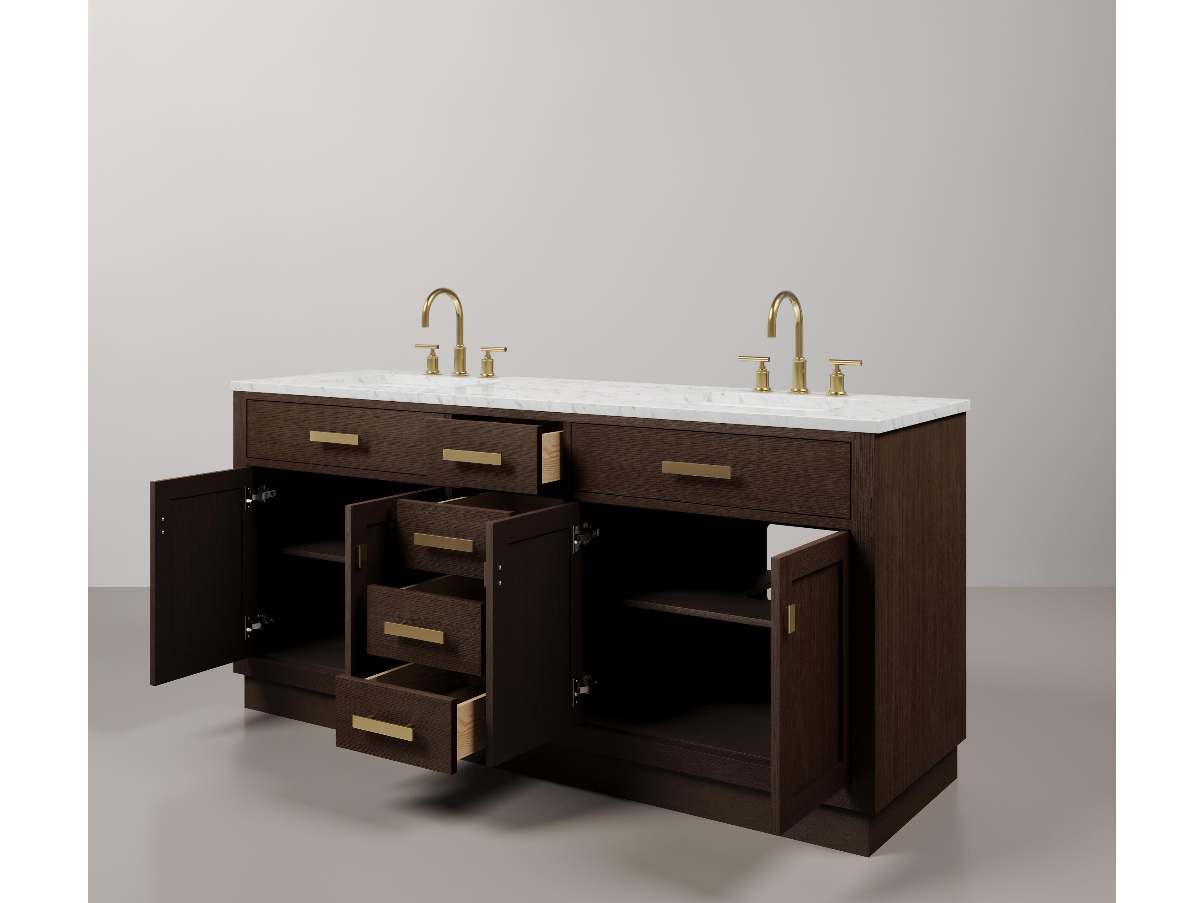 Water Creation Chestnut Double Sink Carrara White Marble Countertop Bath Vanity In Brown Oak with Satin Gold Hardware and Gooseneck Faucet
