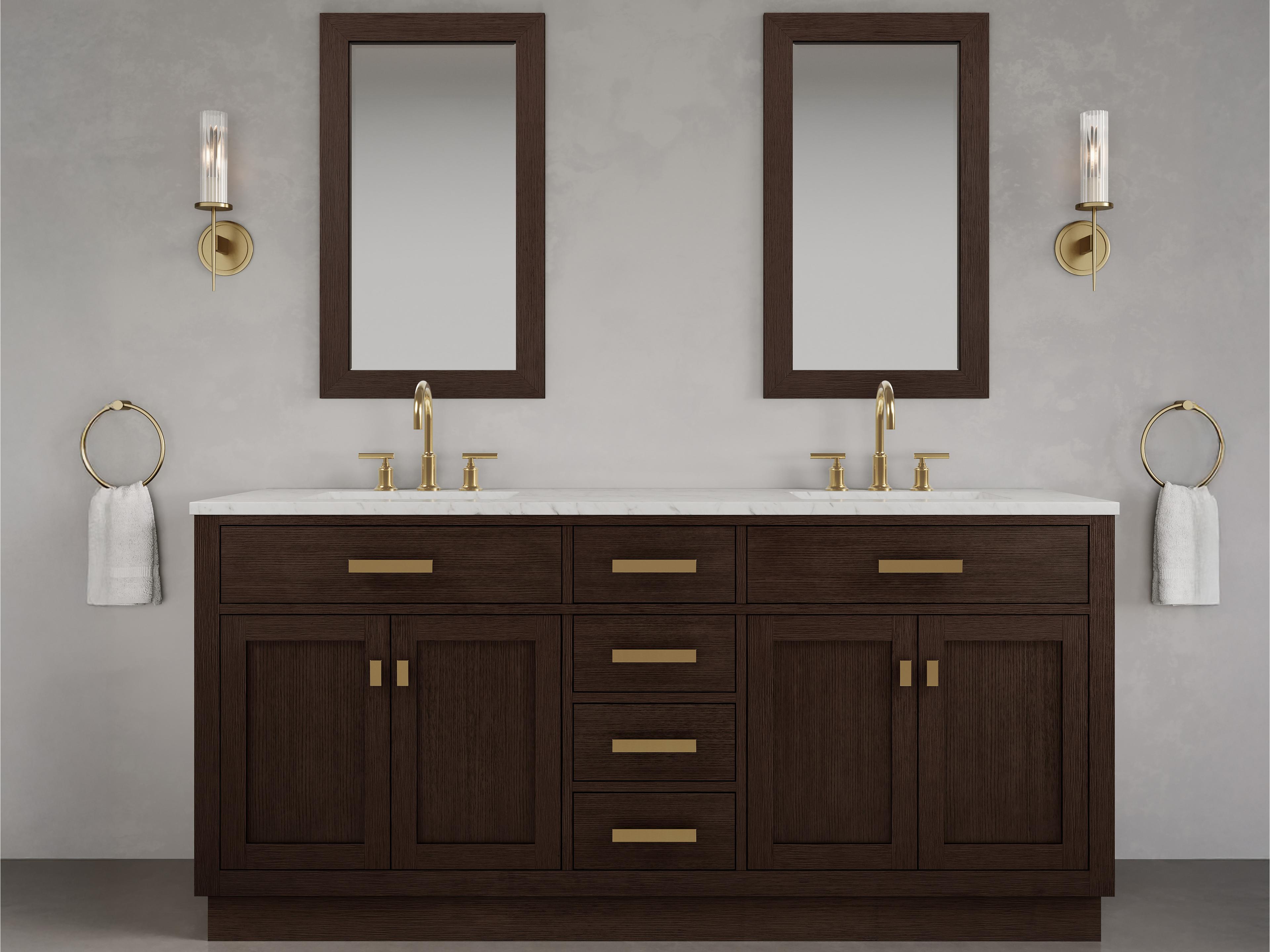 Water Creation Chestnut Double Sink Carrara White Marble Countertop Bath Vanity In Brown Oak with Satin Gold Hardware and Rectangular Mirror (S)