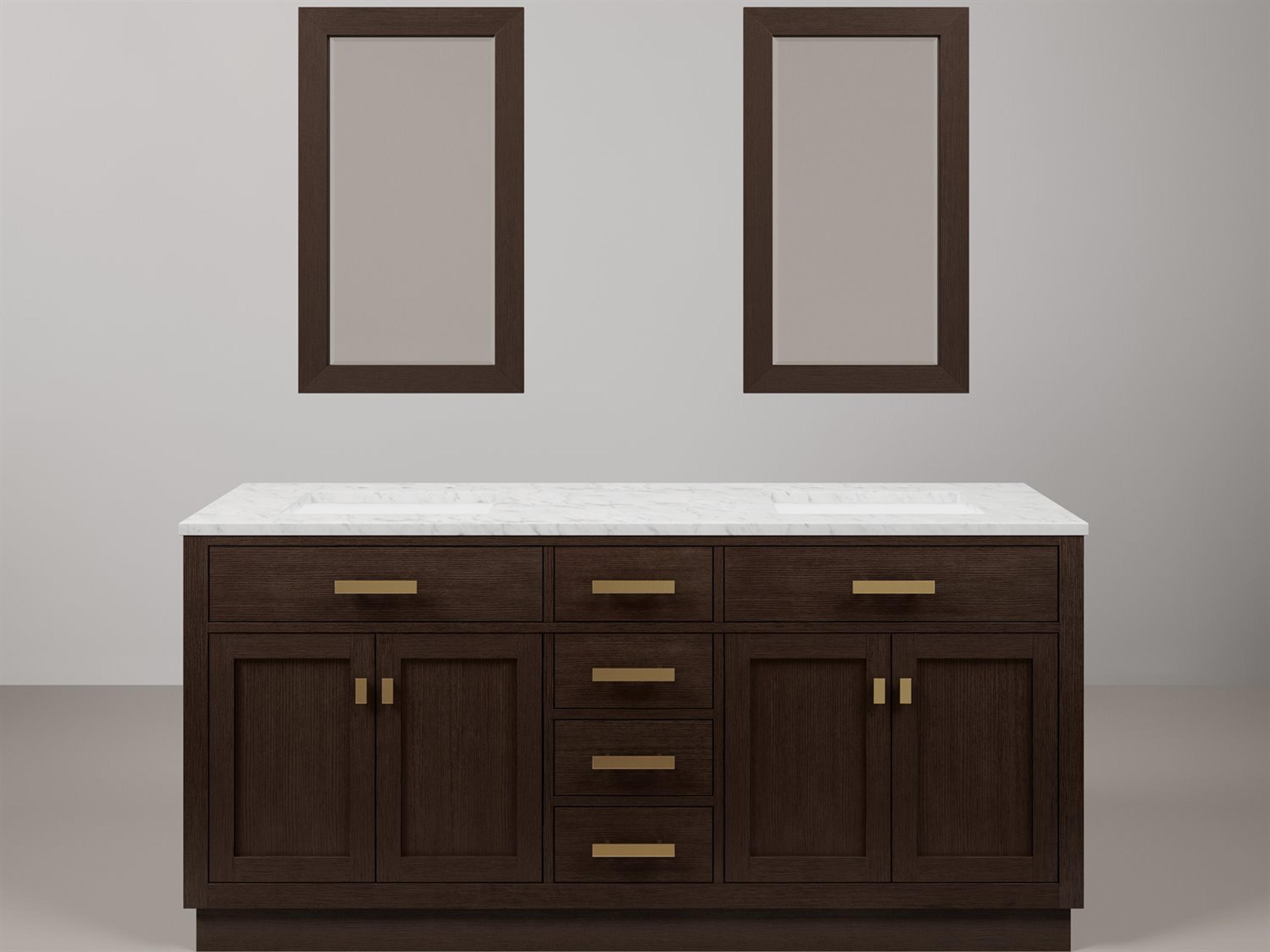 Chestnut Double Sink Carrara White Marble Countertop Bath Vanity In Brown Oak with Satin Gold Hardware and Rectangular Mirror (S)