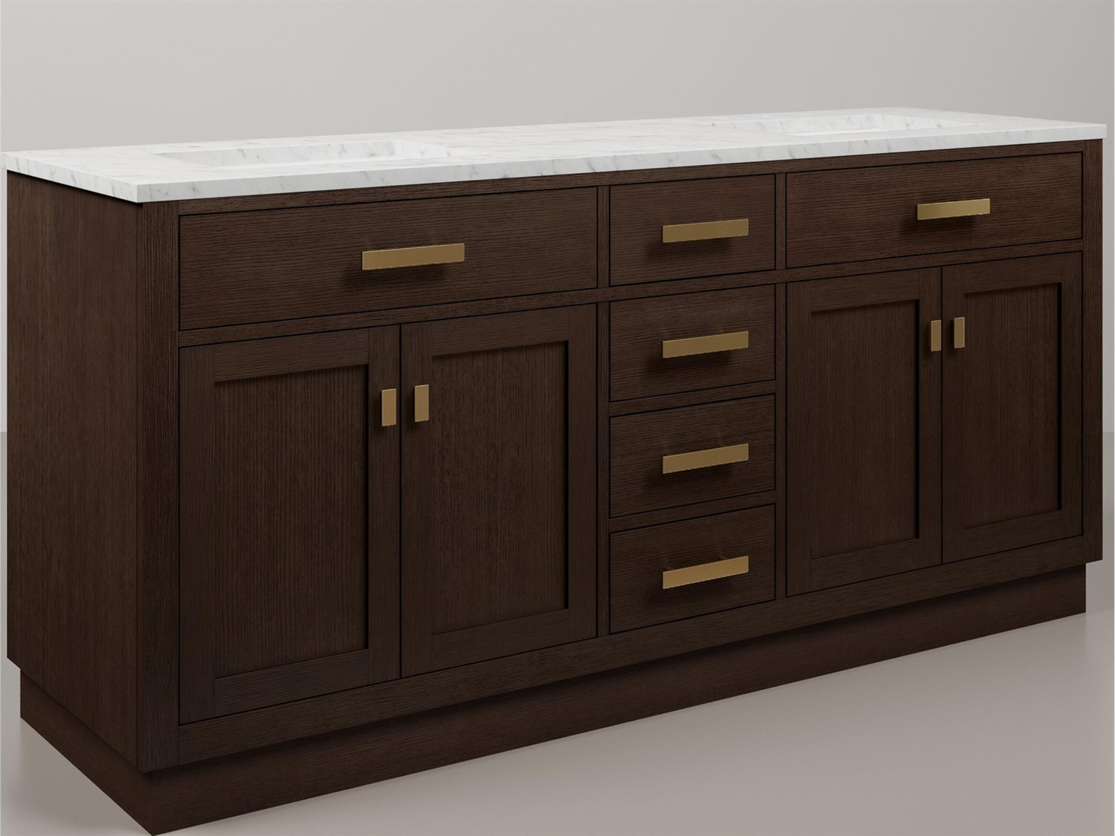 Water Creation Chestnut Double Sink Carrara White Marble Countertop Bath Vanity In Brown Oak with Satin Gold Hardware and Rectangular Mirror (S)