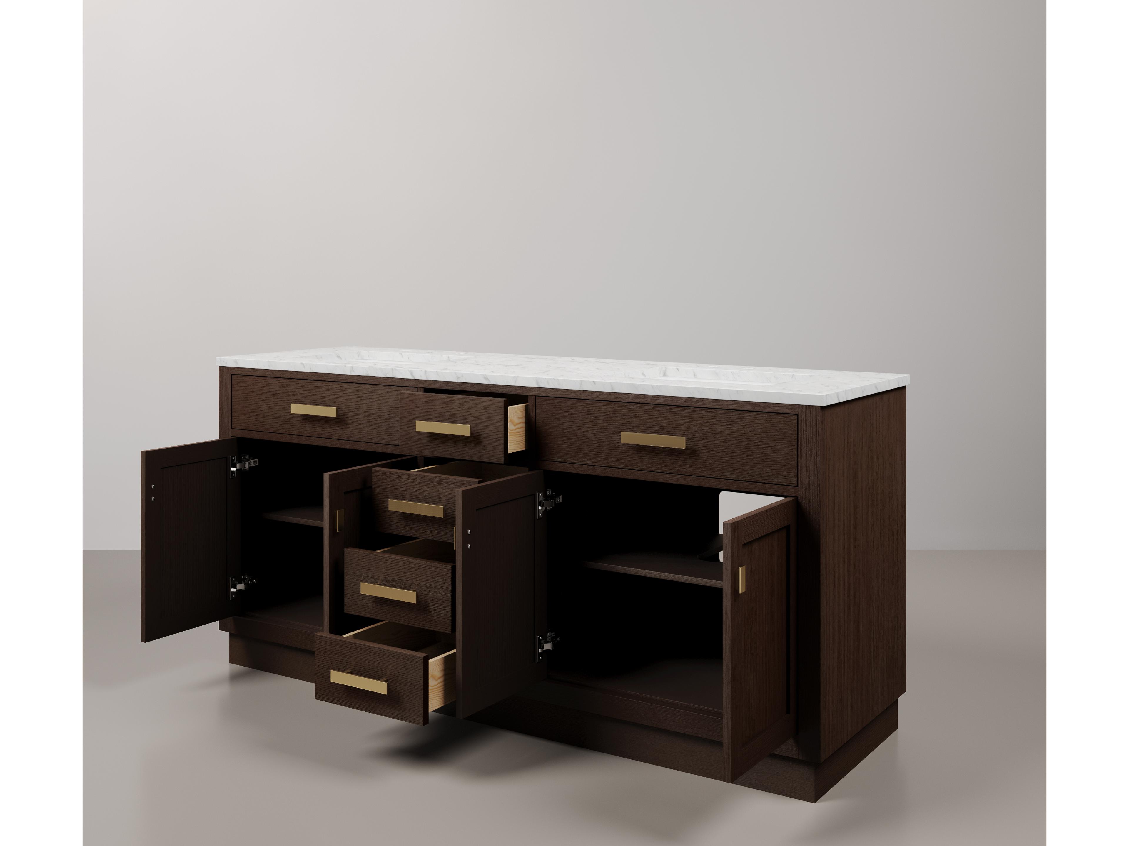 Water Creation Chestnut Double Sink Carrara White Marble Countertop Bath Vanity In Brown Oak with Satin Gold Hardware and Rectangular Mirror (S)