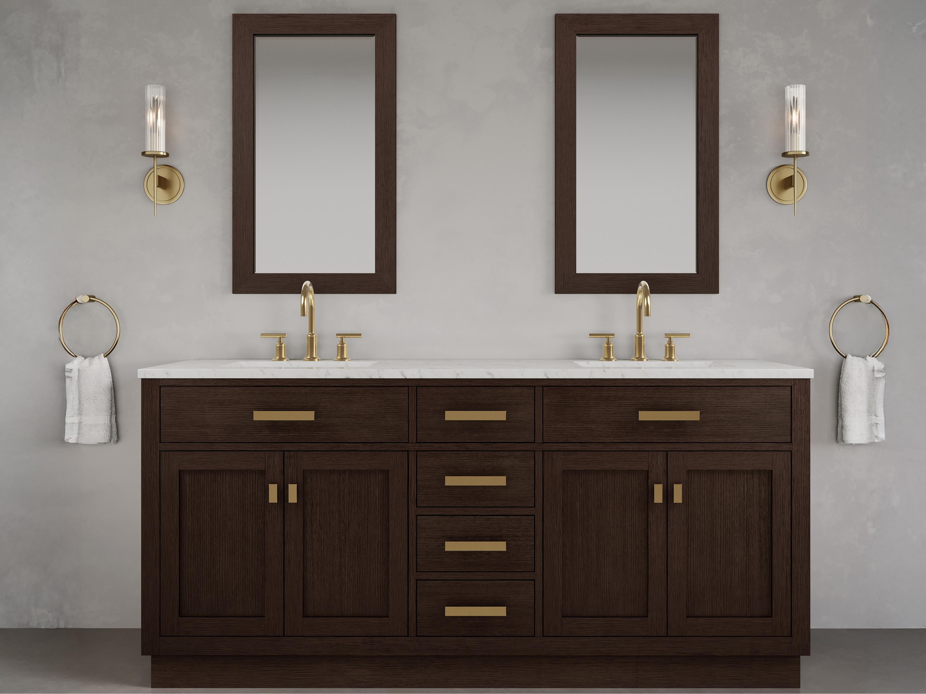 Water Creation Chestnut Double Sink Carrara White Marble Countertop Bath Vanity In Brown Oak with Satin Gold Hardware, Gooseneck Faucet and Rectangular Mirror (S)