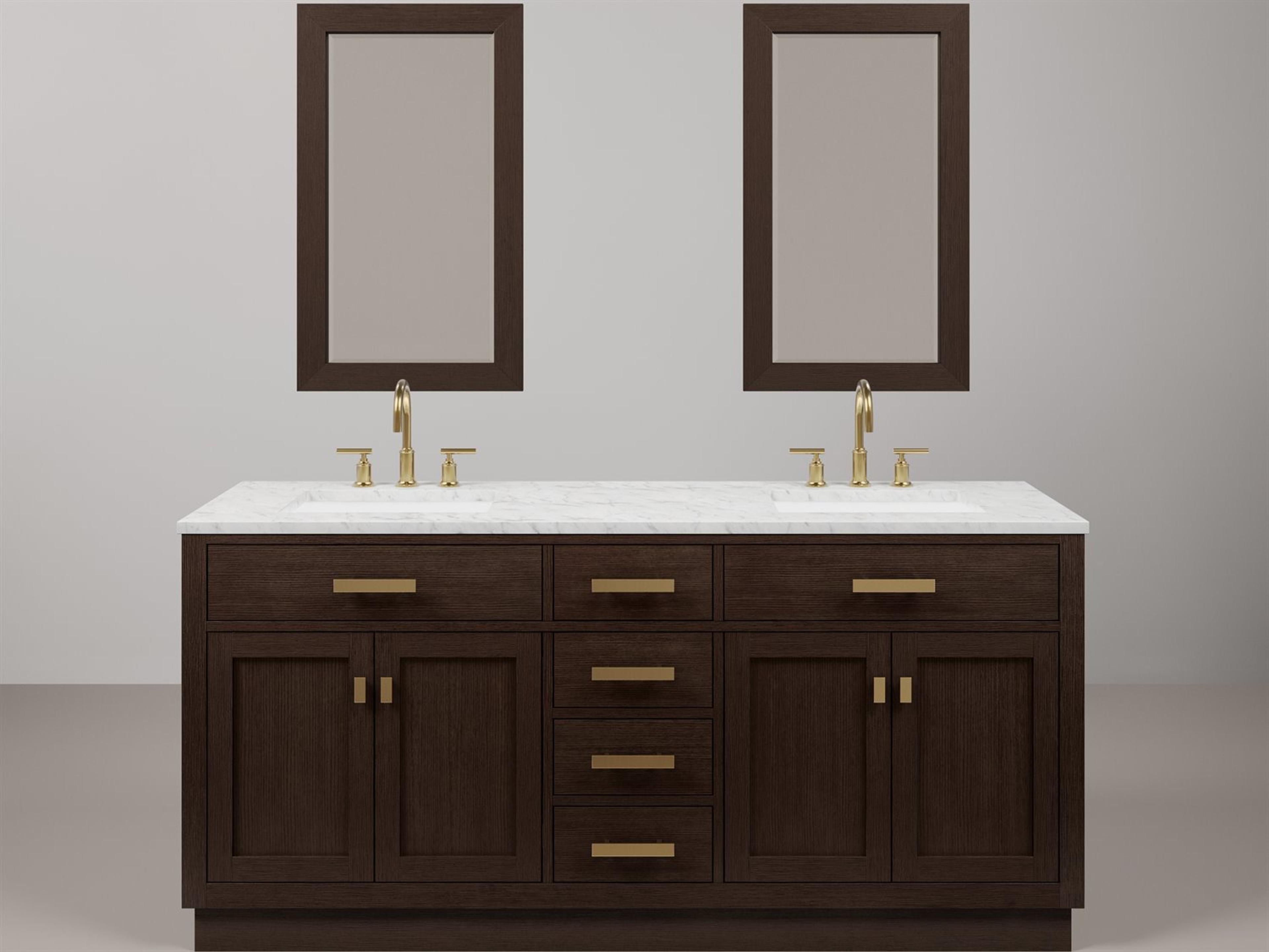 Chestnut Double Sink Carrara White Marble Countertop Bath Vanity In Brown Oak with Satin Gold Hardware, Gooseneck Faucet and Rectangular Mirror (S)