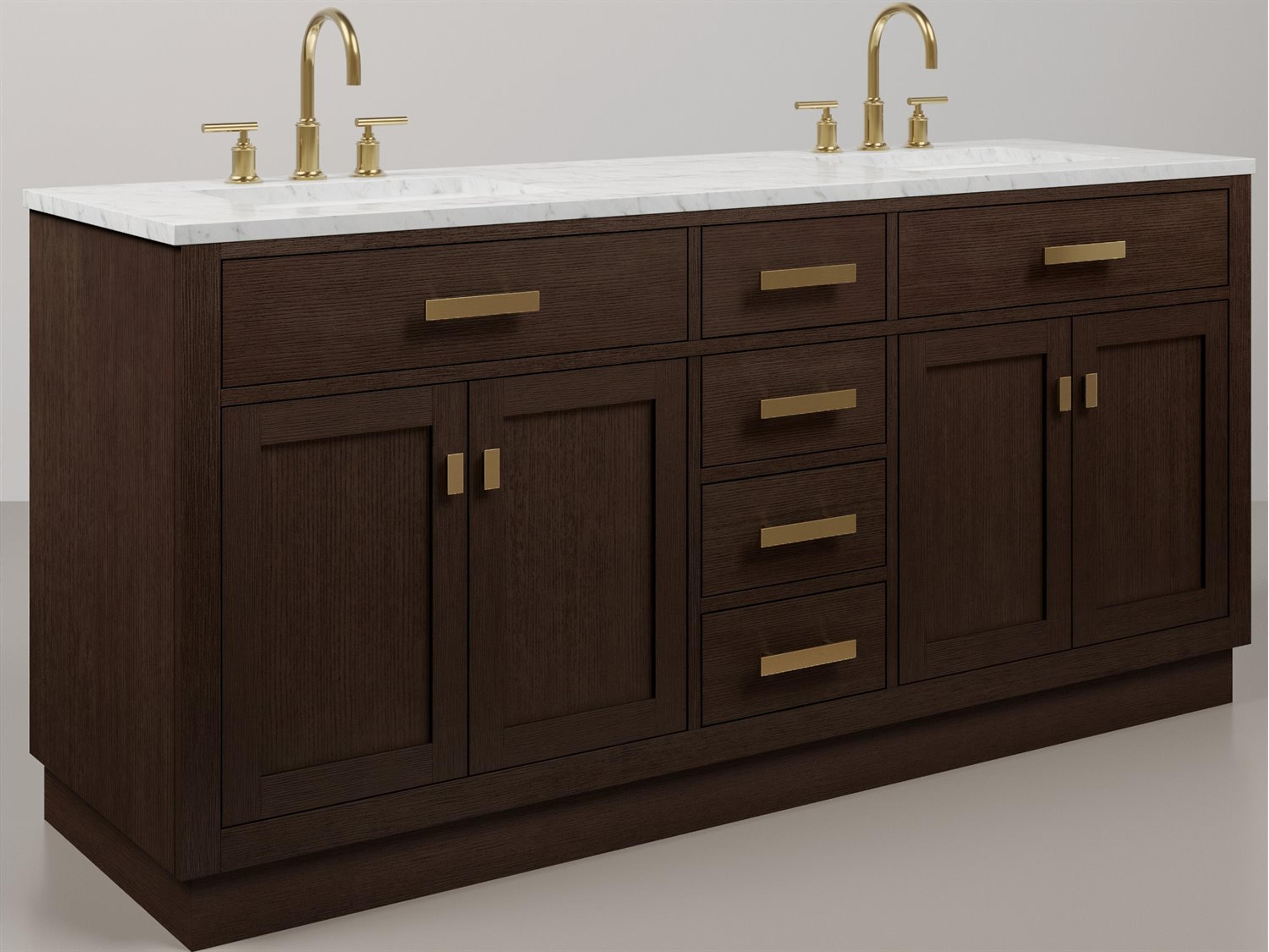 Water Creation Chestnut Double Sink Carrara White Marble Countertop Bath Vanity In Brown Oak with Satin Gold Hardware, Gooseneck Faucet and Rectangular Mirror (S)