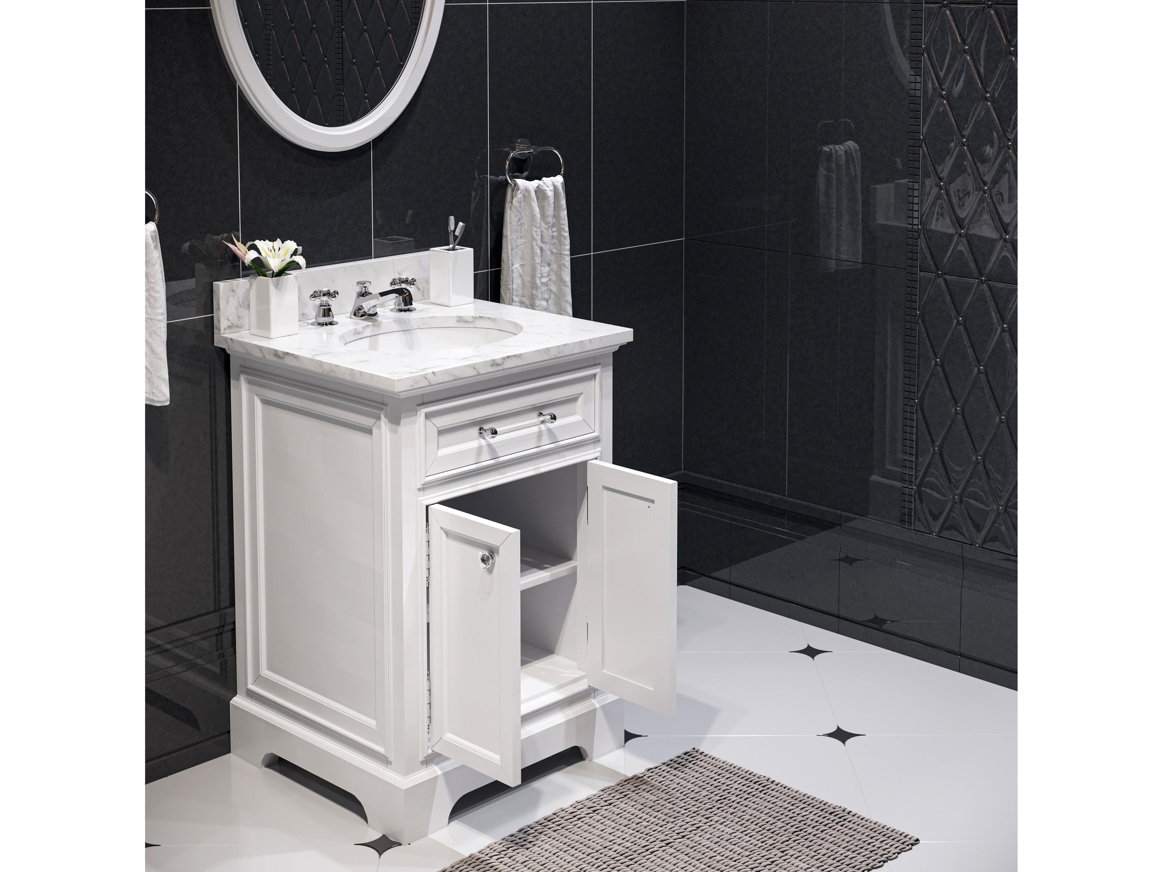 Water Creation Derby Single Sink Carrara White Marble Countertop Bath Vanity In Pure White with Chrome Classic Faucet