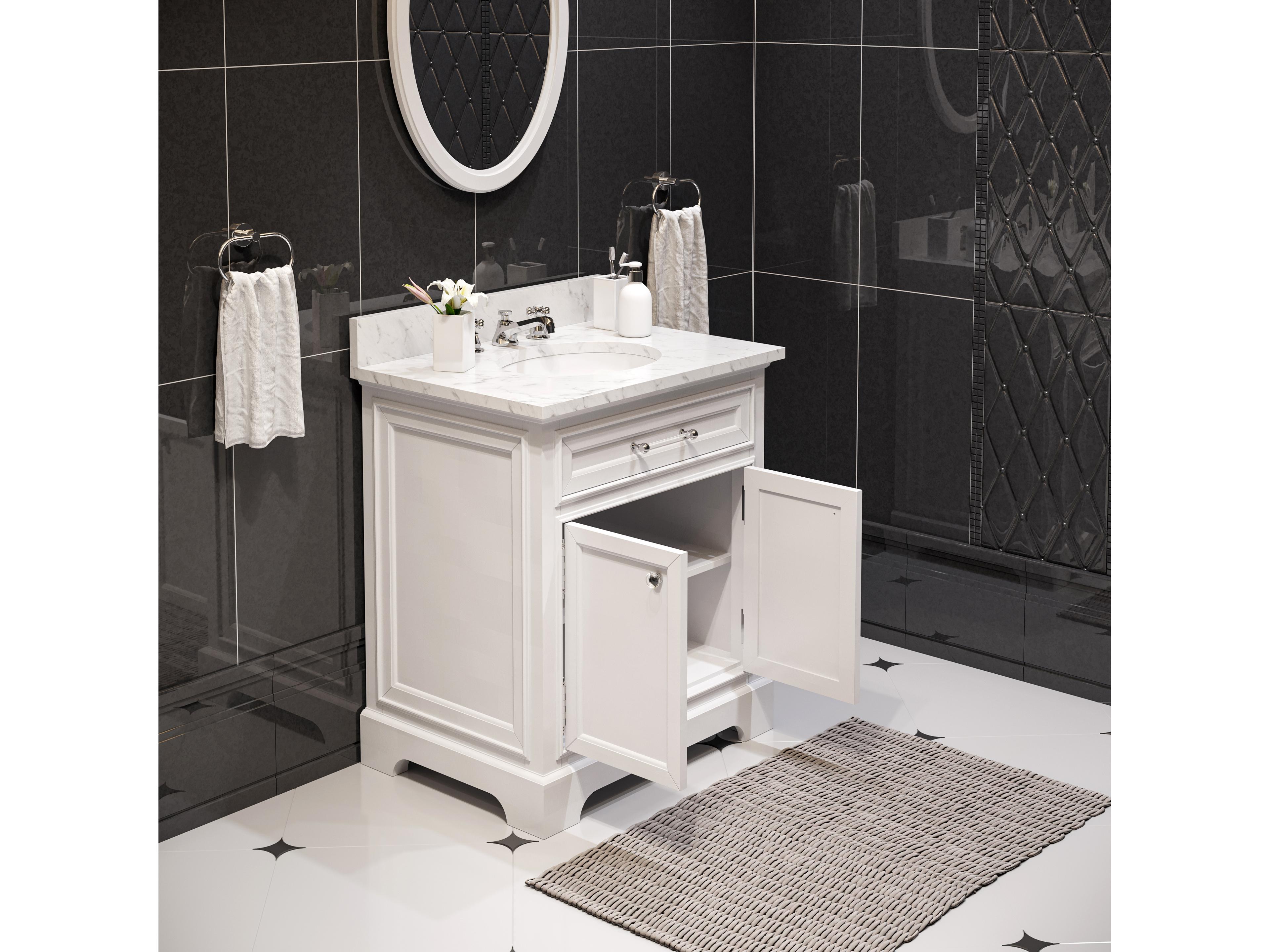 Water Creation Derby Single Sink Carrara White Marble Countertop Bath Vanity In Pure White with Oval Mirror (S)