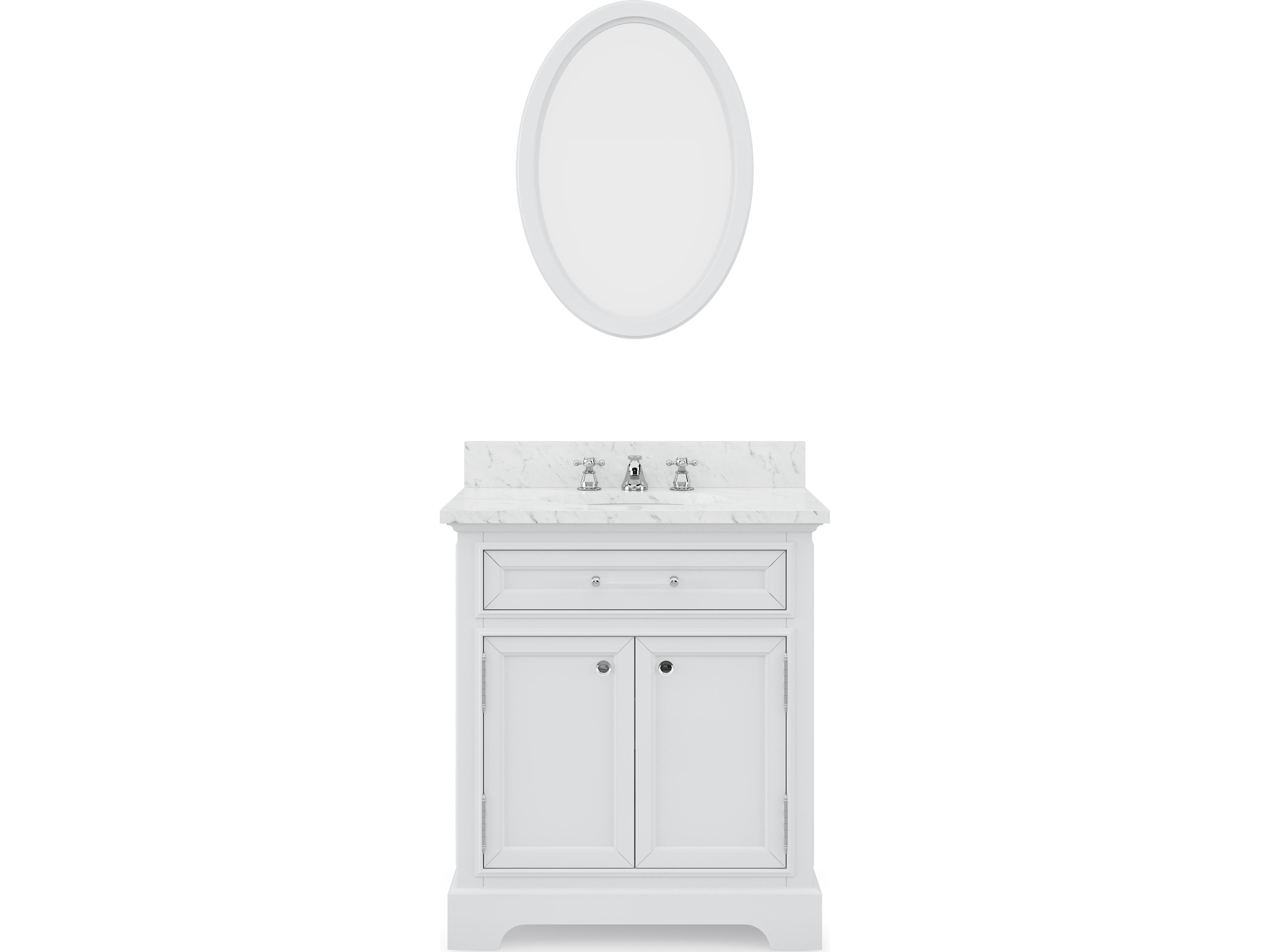Derby Single Sink Carrara White Marble Countertop Bath Vanity In Pure White with Chrome Classic Faucet and Oval Mirror (S)