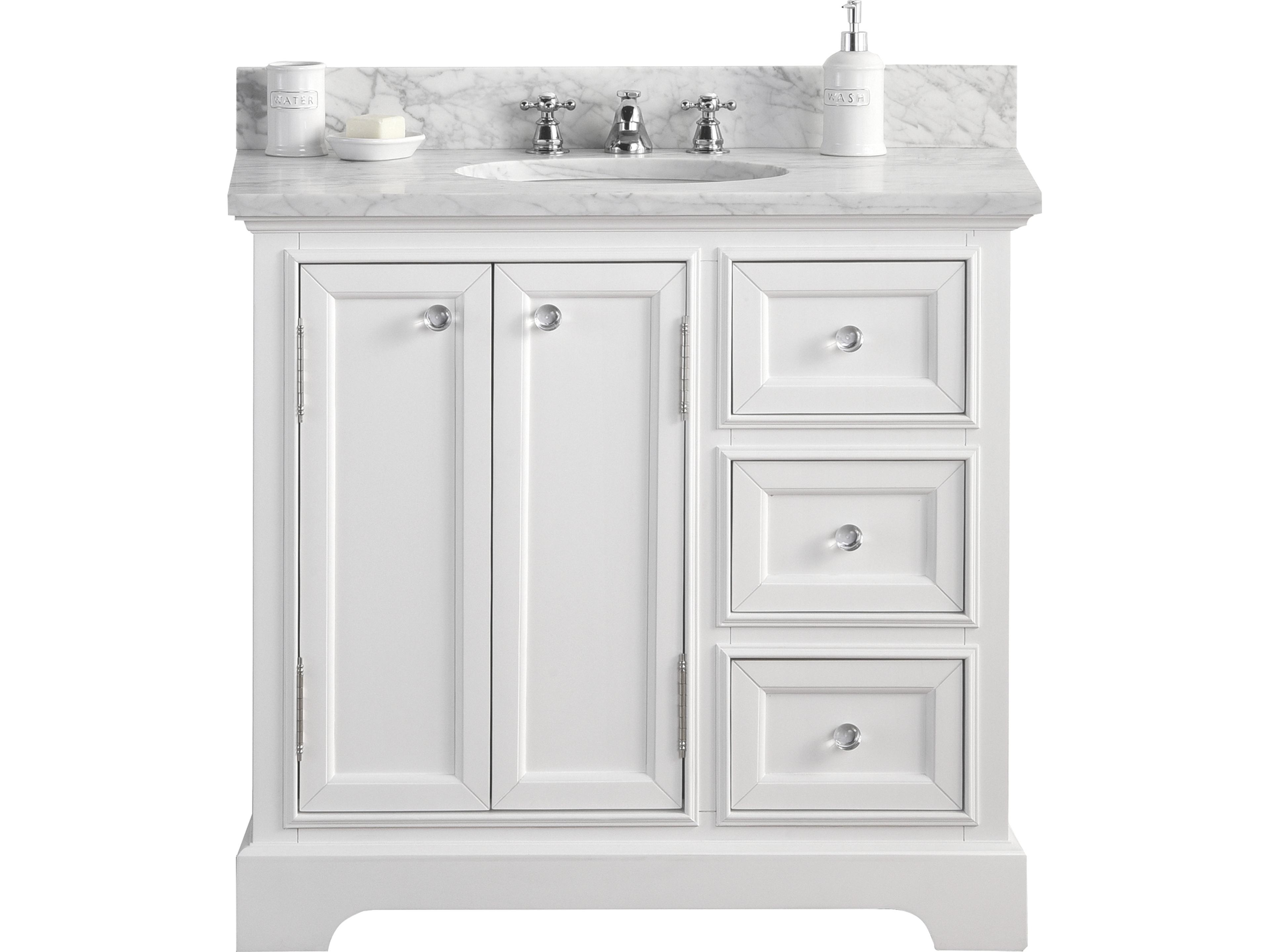 Derby Single Sink Carrara White Marble Countertop Bath Vanity In Pure White with Chrome Classic Faucet