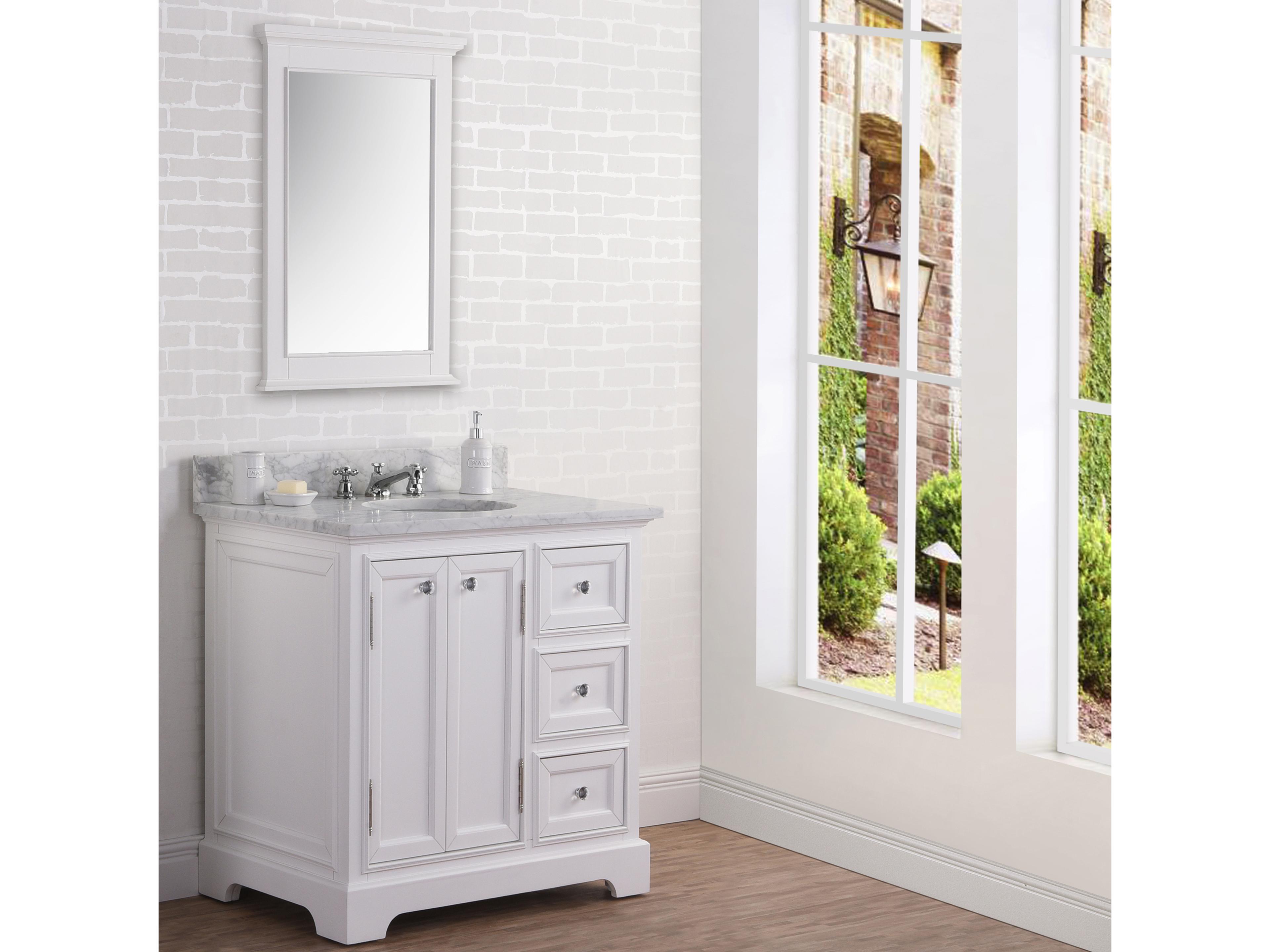Water Creation Derby Single Sink Carrara White Marble Countertop Bath Vanity In Pure White with Chrome Classic Faucet
