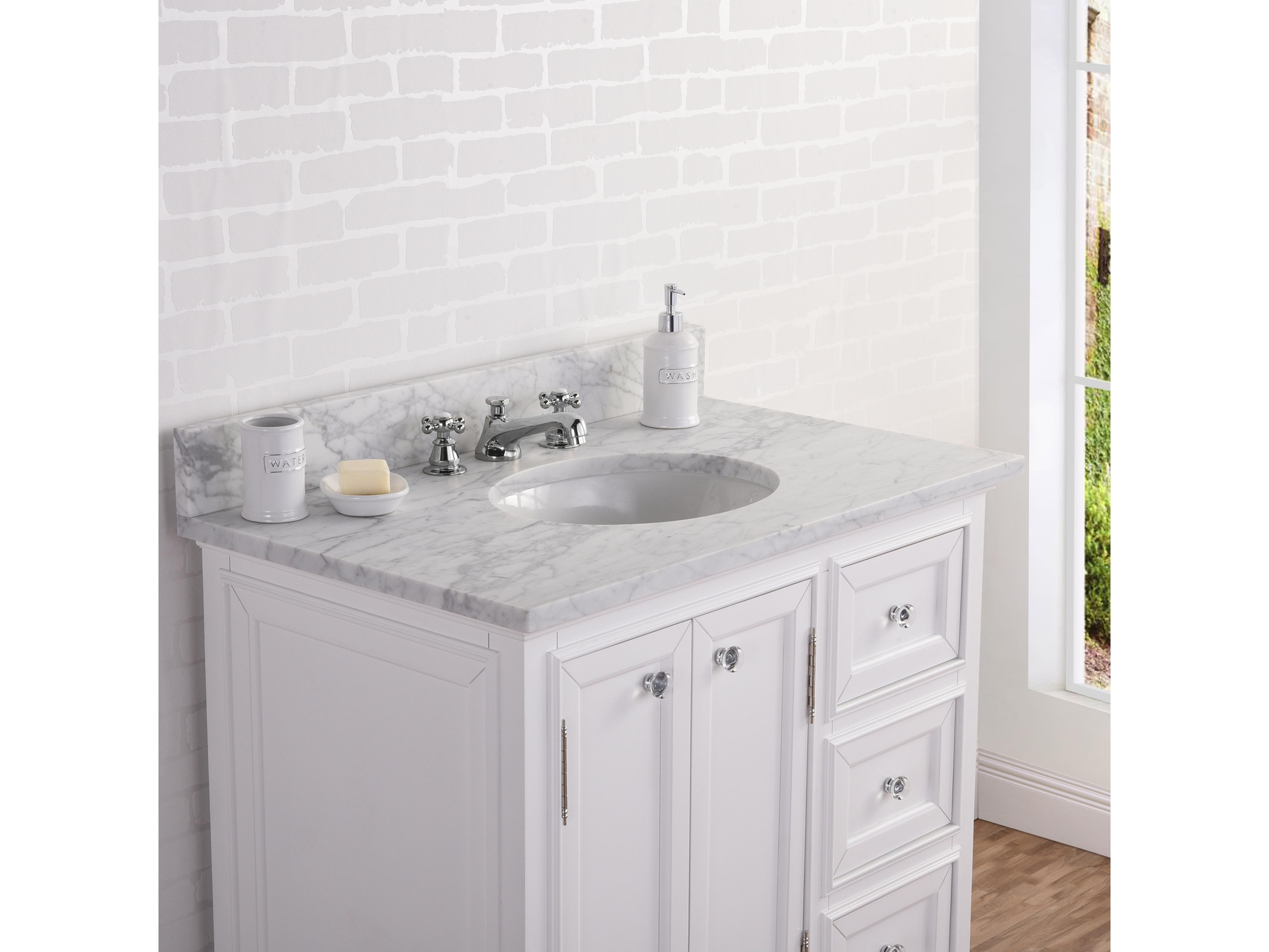 Water Creation Derby Single Sink Carrara White Marble Countertop Bath Vanity In Pure White with Chrome Classic Faucet