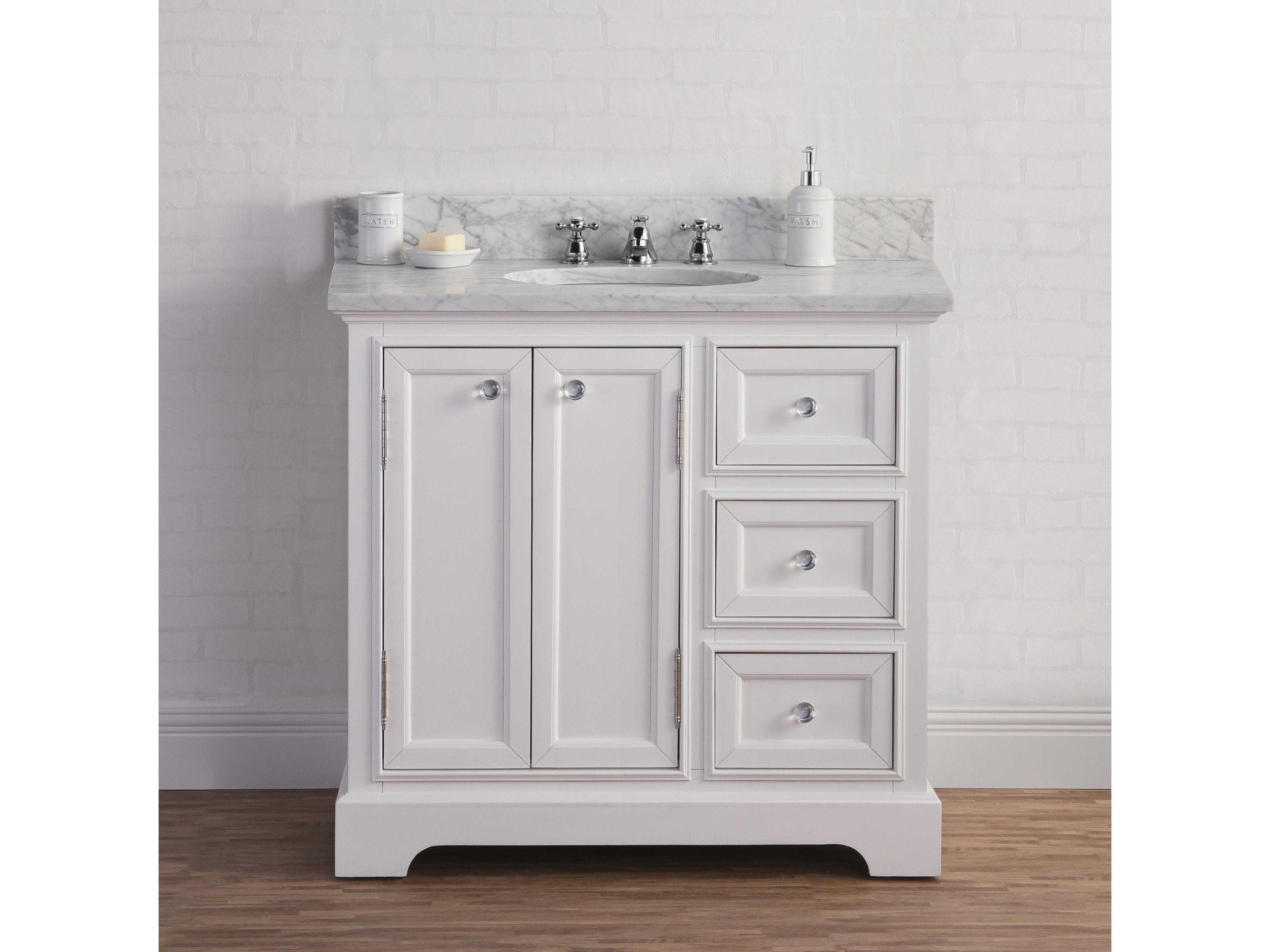 Water Creation Derby Single Sink Carrara White Marble Countertop Bath Vanity In Pure White with Country Cottage Style Mirror (S)