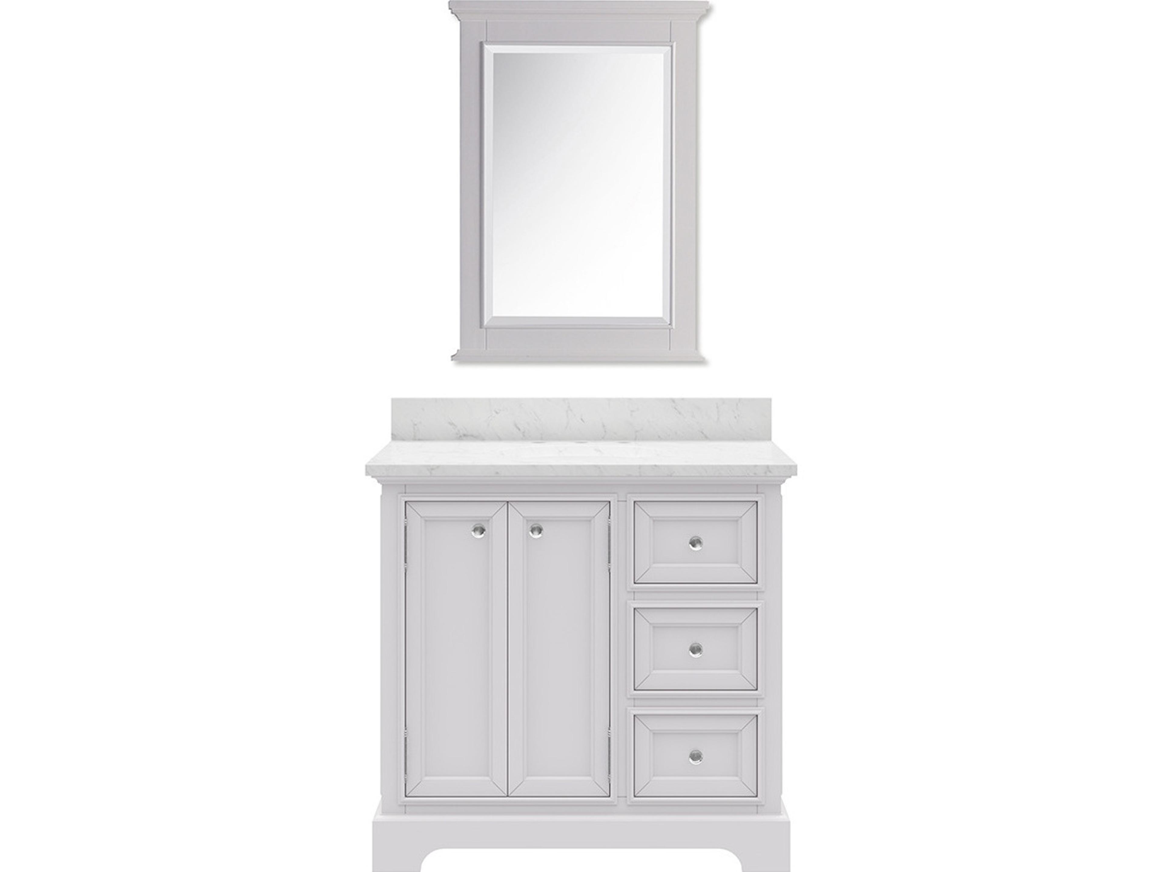 Derby Single Sink Carrara White Marble Countertop Bath Vanity In Pure White with Country Cottage Style Mirror (S)
